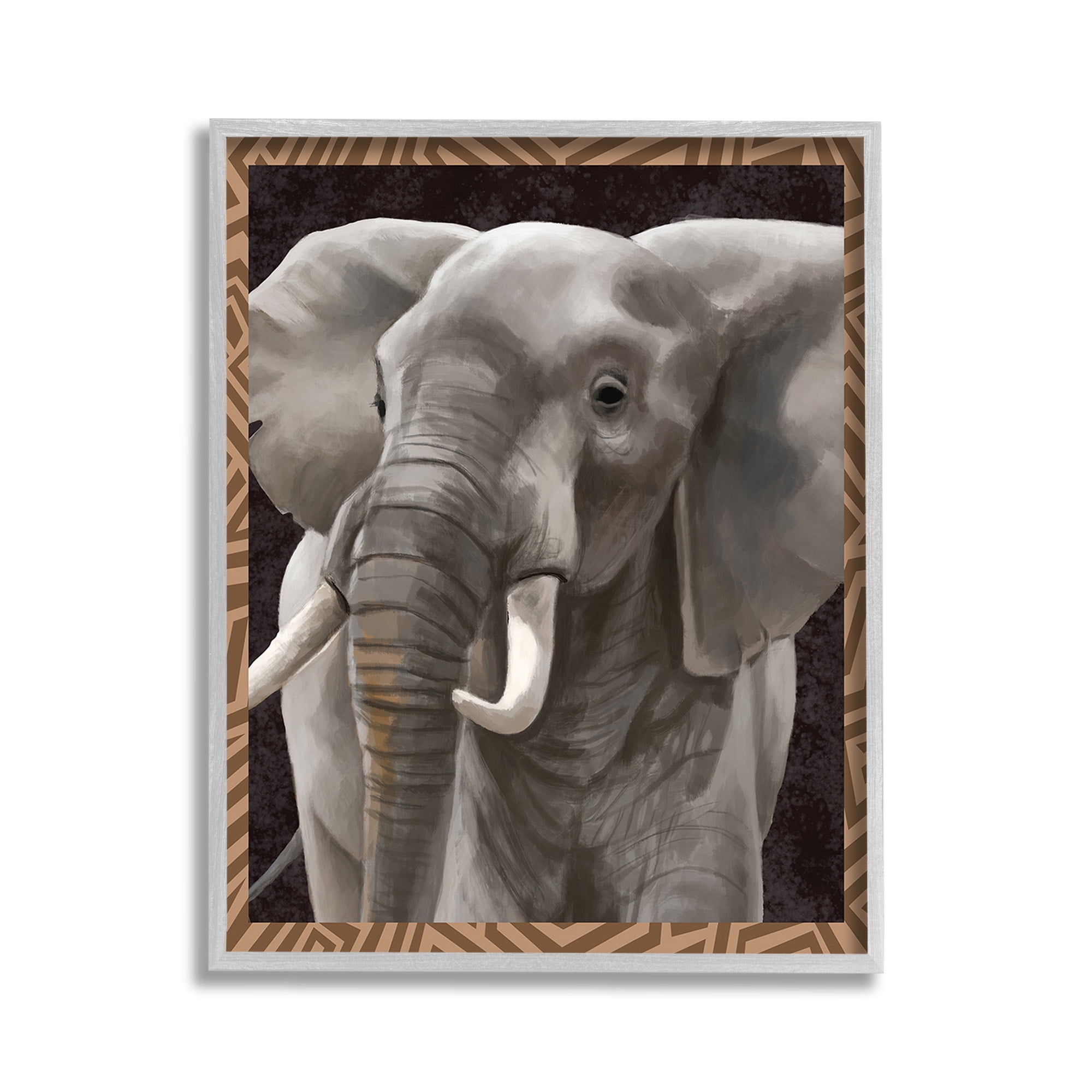 Stupell Industries Elephant with Geometric Border Animals & Insects Painting Gray Framed Art Print Wall Art, 11 x 14