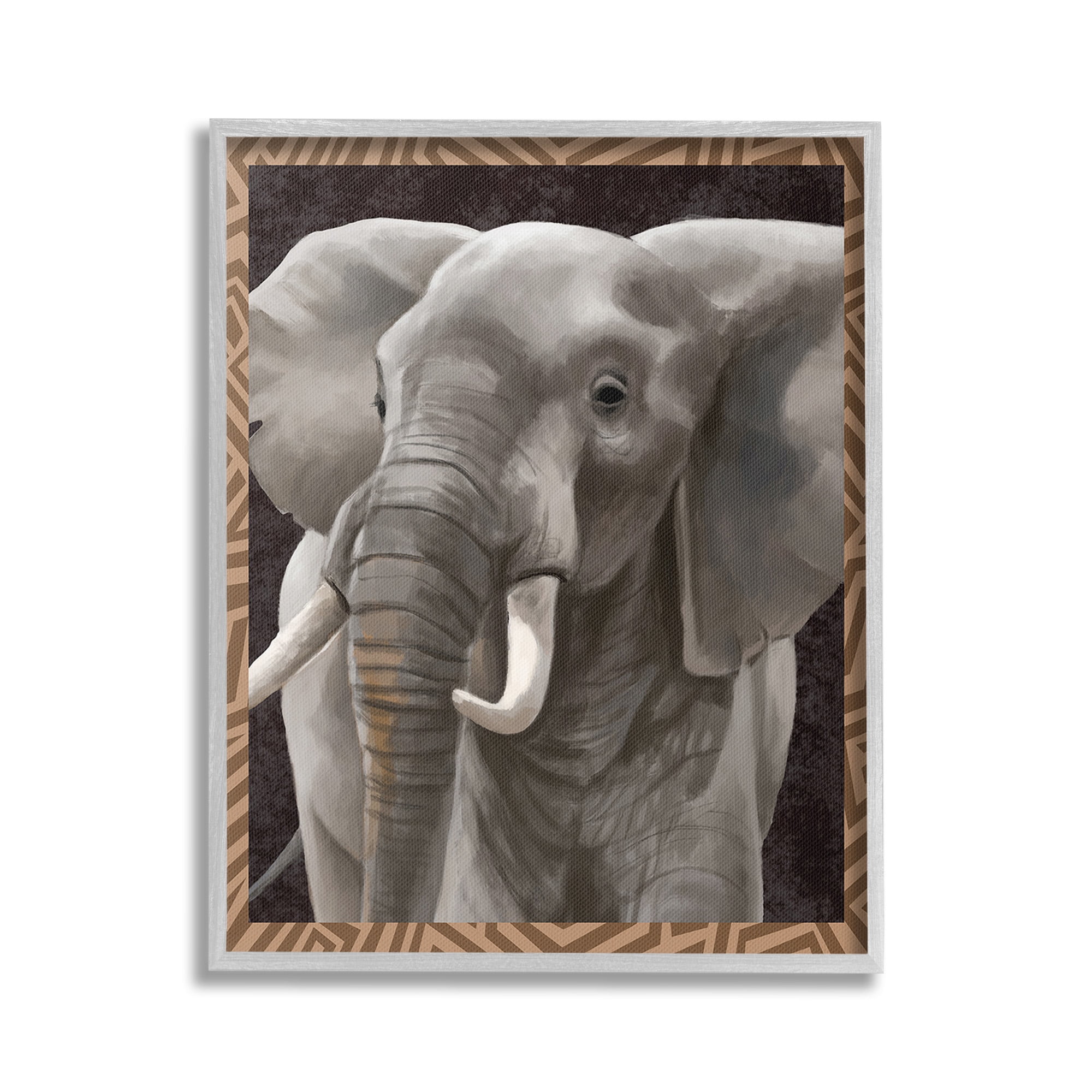 Stupell Industries Elephant with Geometric Border Animals & Insects Painting Gray Framed Art Print Wall Art, 24 x 30