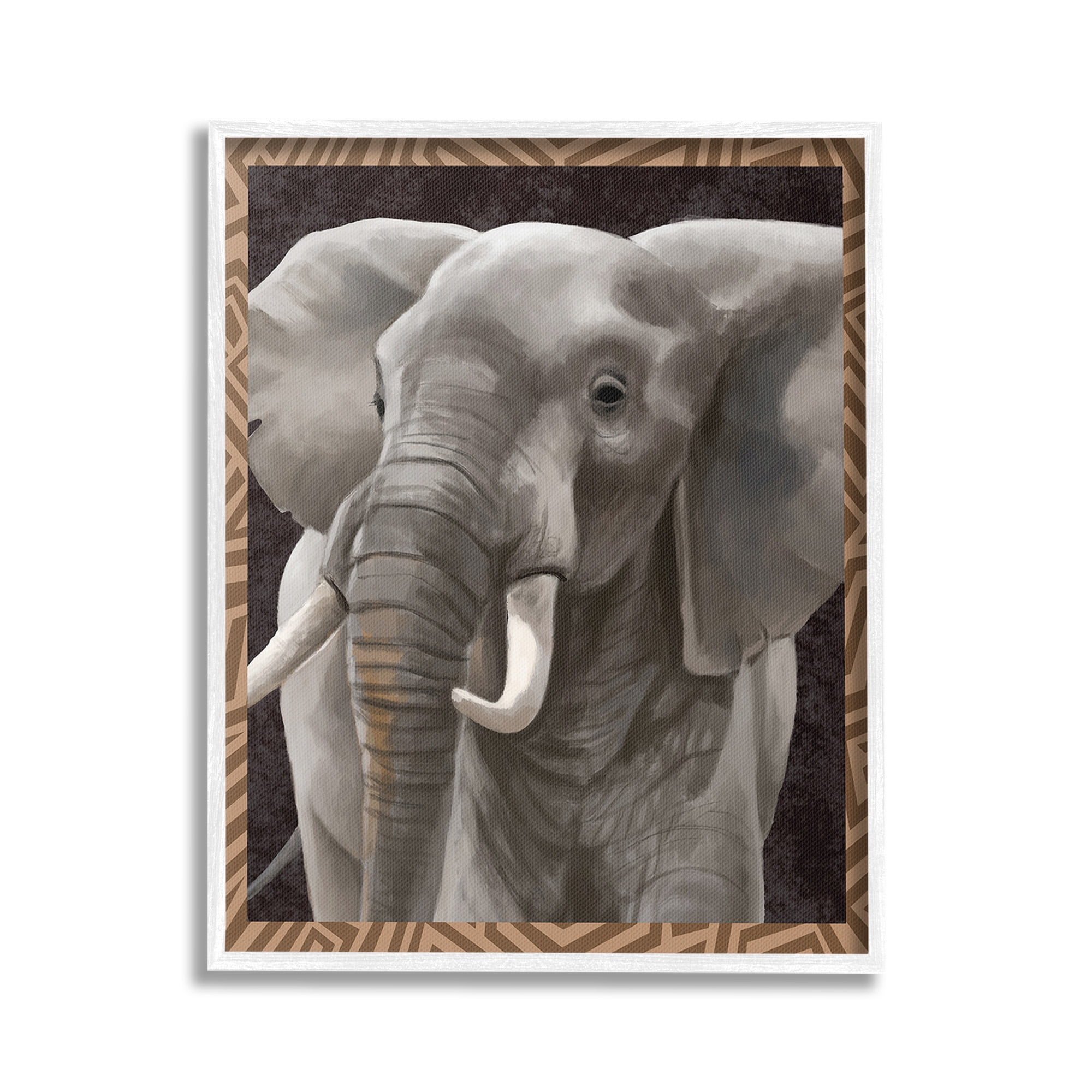 Stupell Industries Elephant with Geometric Border Animals & Insects Painting White Framed Art Print Wall Art, 24 x 30