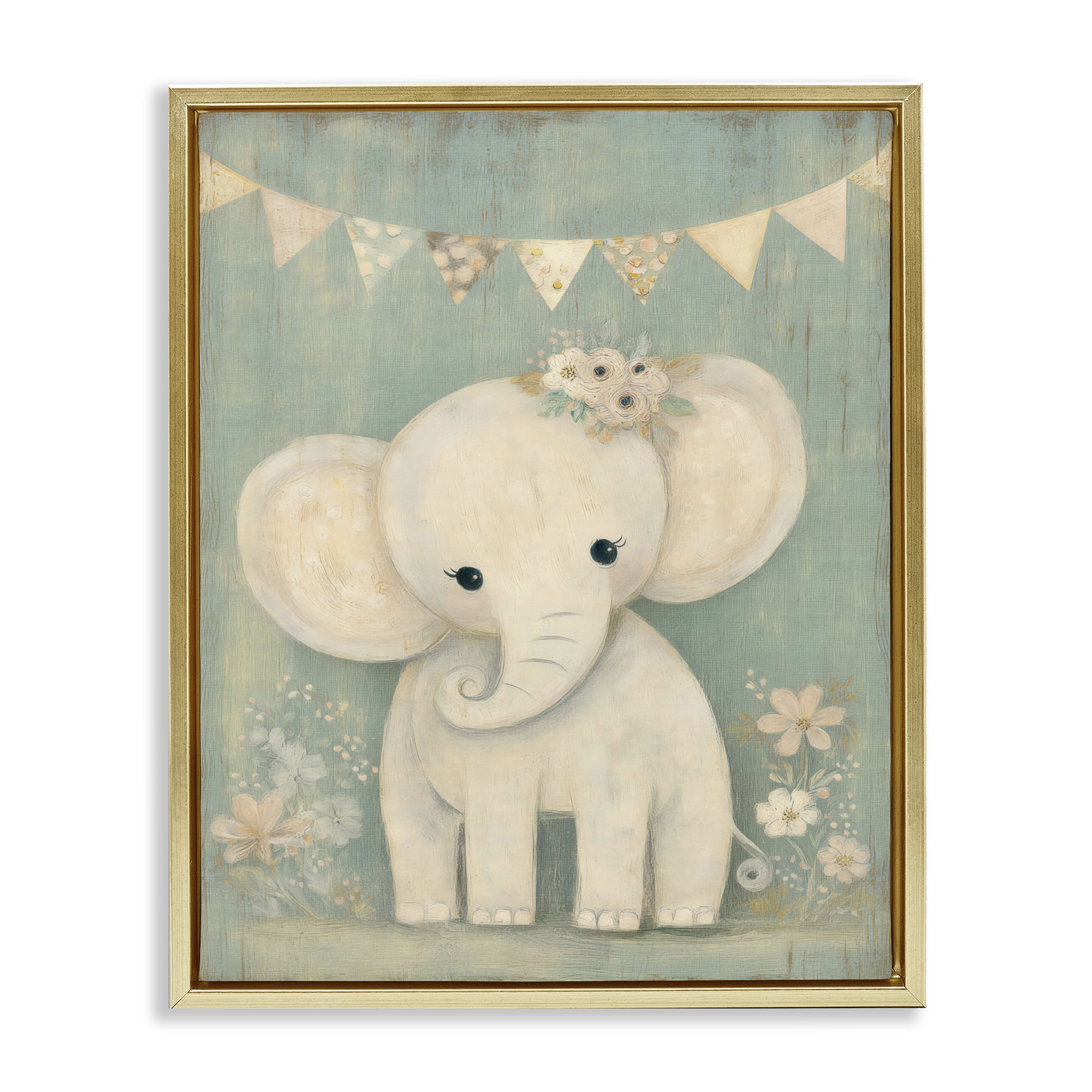 Stupell Industries Elephant with Overhead Banner Gold Framed Floater Canvas Wall Art, design by Ink Drop Loft