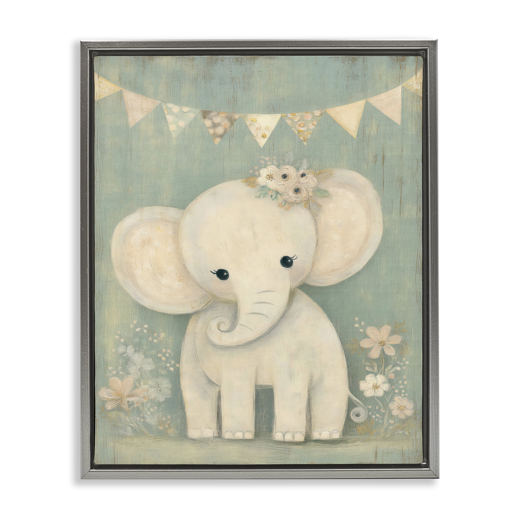 Stupell Industries Elephant with Overhead Banner Gray Framed Floater Canvas Wall Art, design by Ink Drop Loft