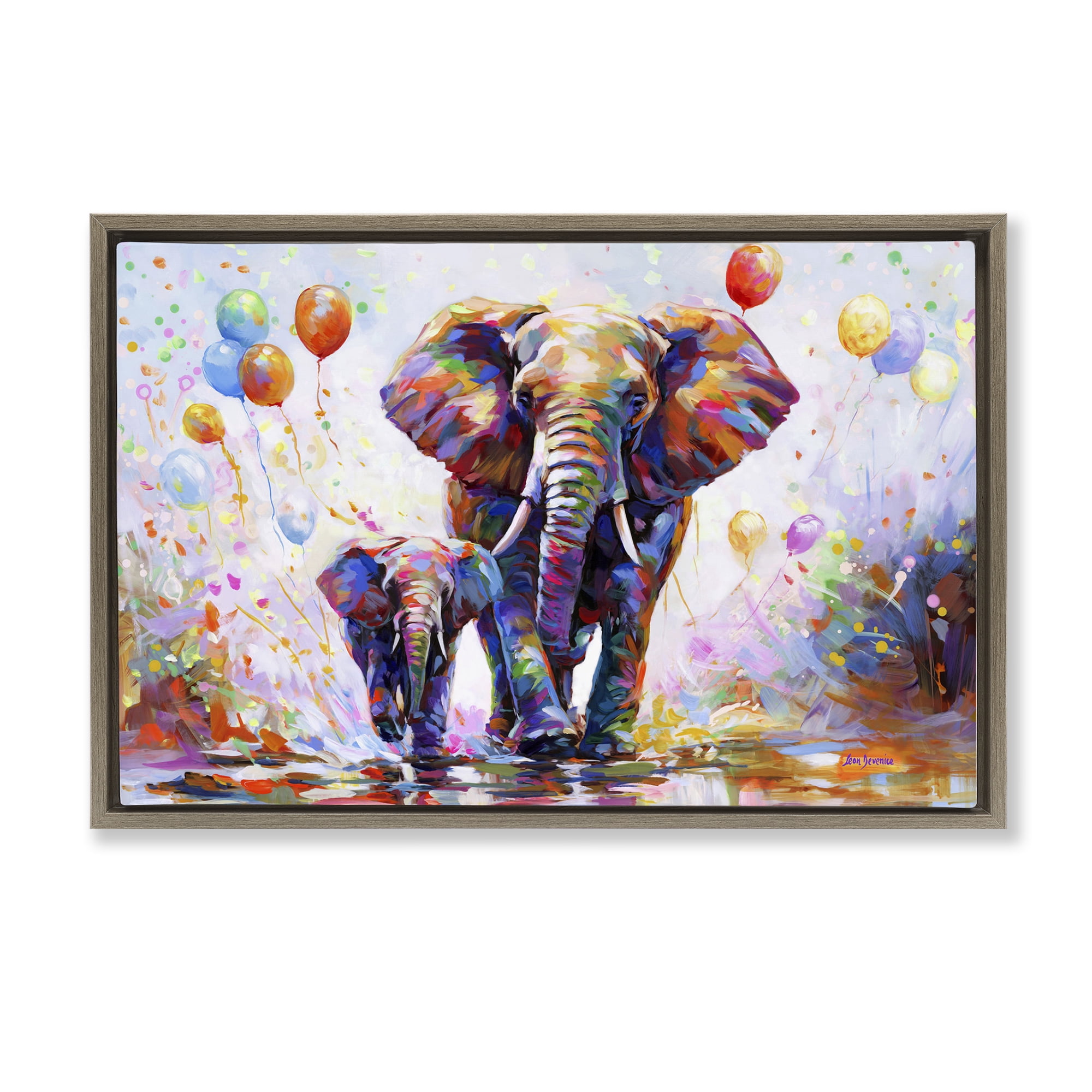 Stupell Industries Elephants & Balloons Animals & Insects Painting Brown Floater Framed Canvas Art Print Wall Art, 25 x 17
