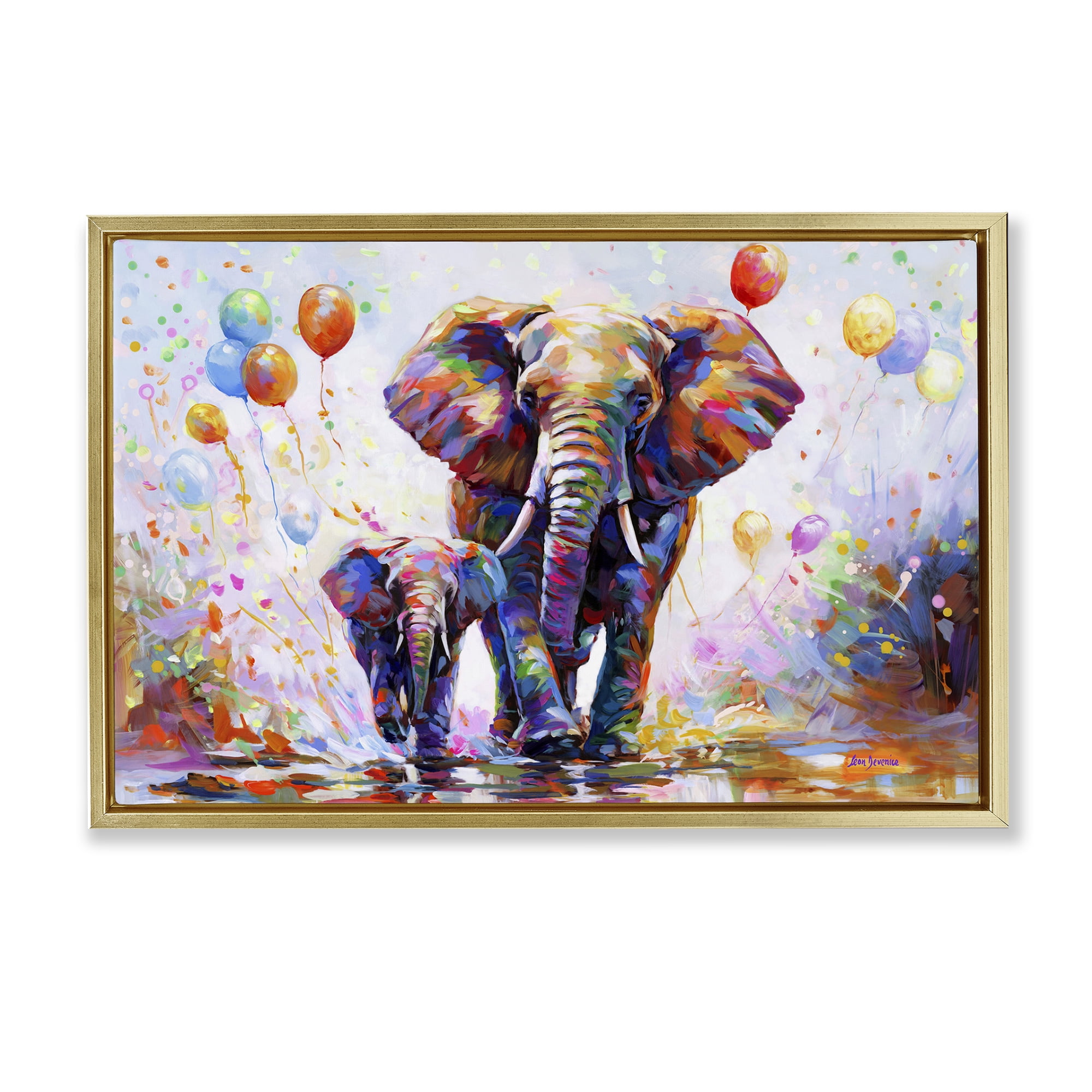 Stupell Industries Elephants & Balloons Animals & Insects Painting Gold Floater Framed Canvas Art Print Wall Art, 31 x 21