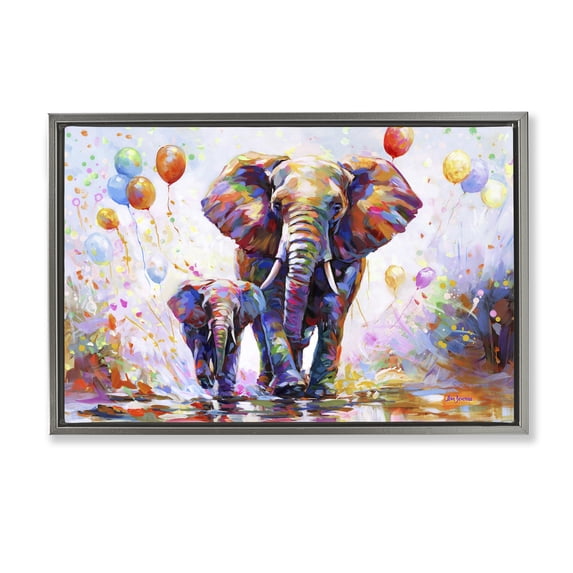Stupell Industries Modern Elephants & Balloons Gray Floating Frame Canvas Art, 25 x 17, by Leon Devenice