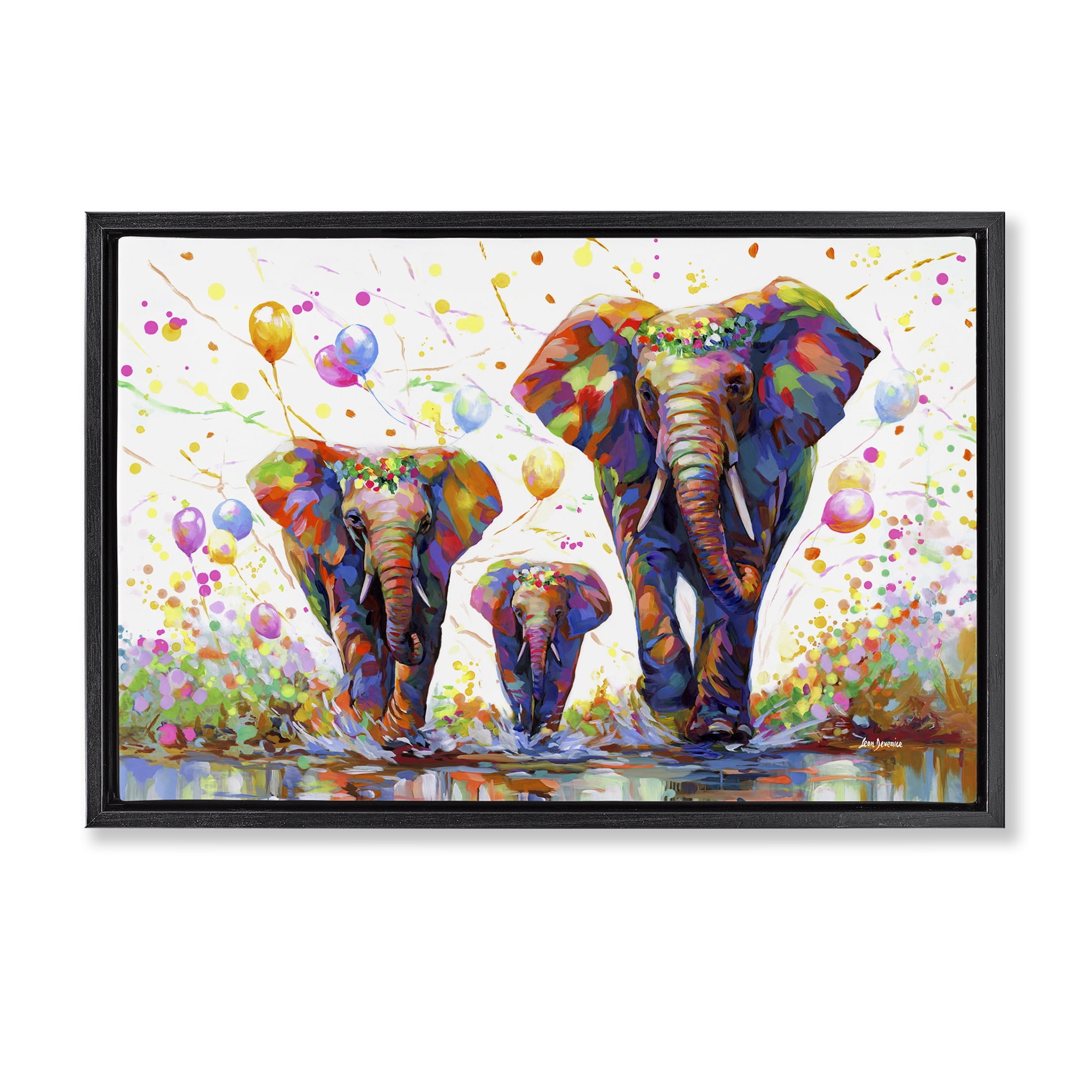 Stupell Industries Elephants & Celebration Balloons Animals & Insects Painting Black Floater Framed Canvas Art Print Wall Art, 25 x 17