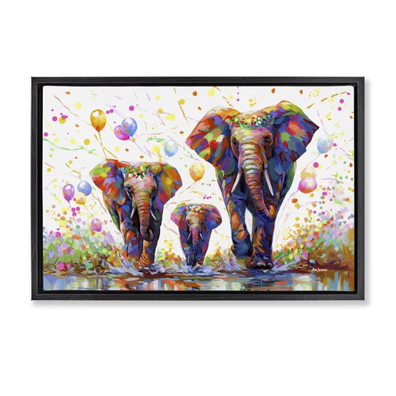 Stupell Industries Contemporary Elephants & Celebration Balloons Black Floating Frame Canvas Art, 25 x 17, by Leon Devenice