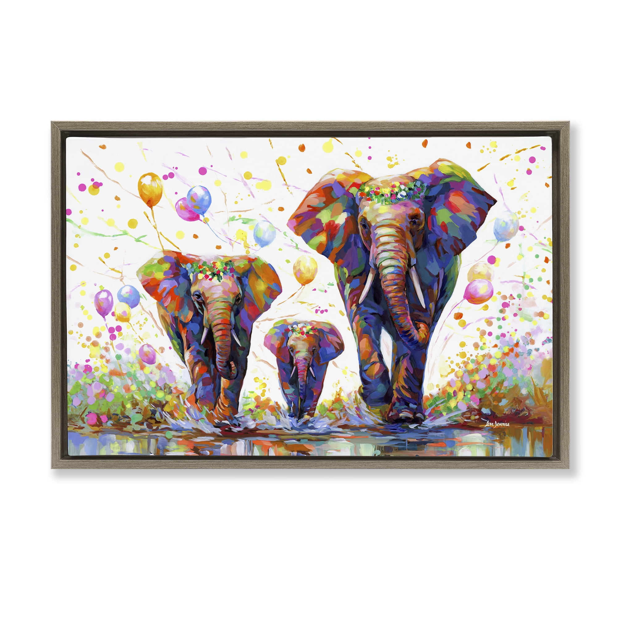Stupell Industries Elephants & Celebration Balloons Animals & Insects Painting Brown Floater Framed Canvas Art Print Wall Art, 31 x 21