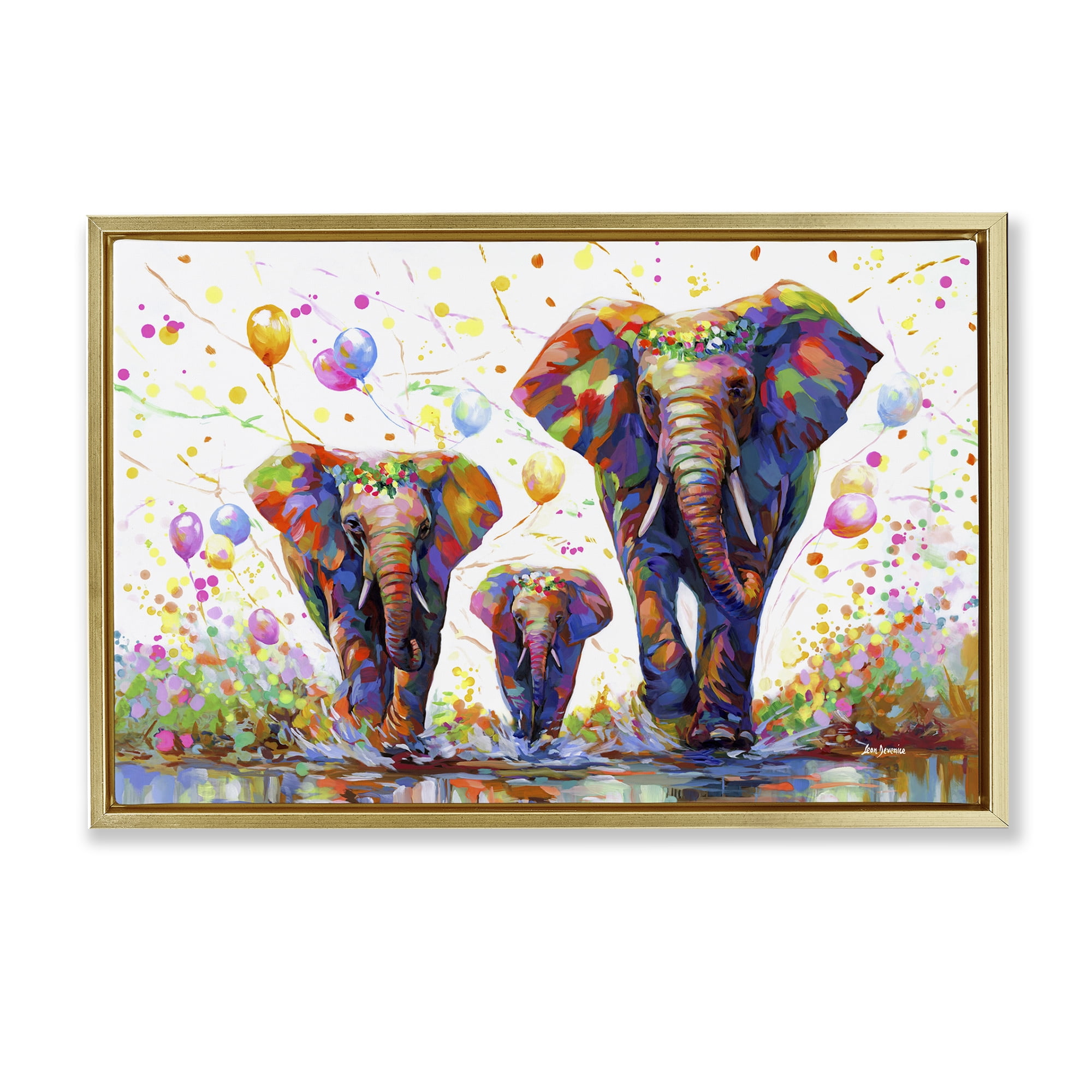 Stupell Industries Elephants & Celebration Balloons Animals & Insects Painting Gold Floater Framed Canvas Art Print Wall Art, 25 x 17