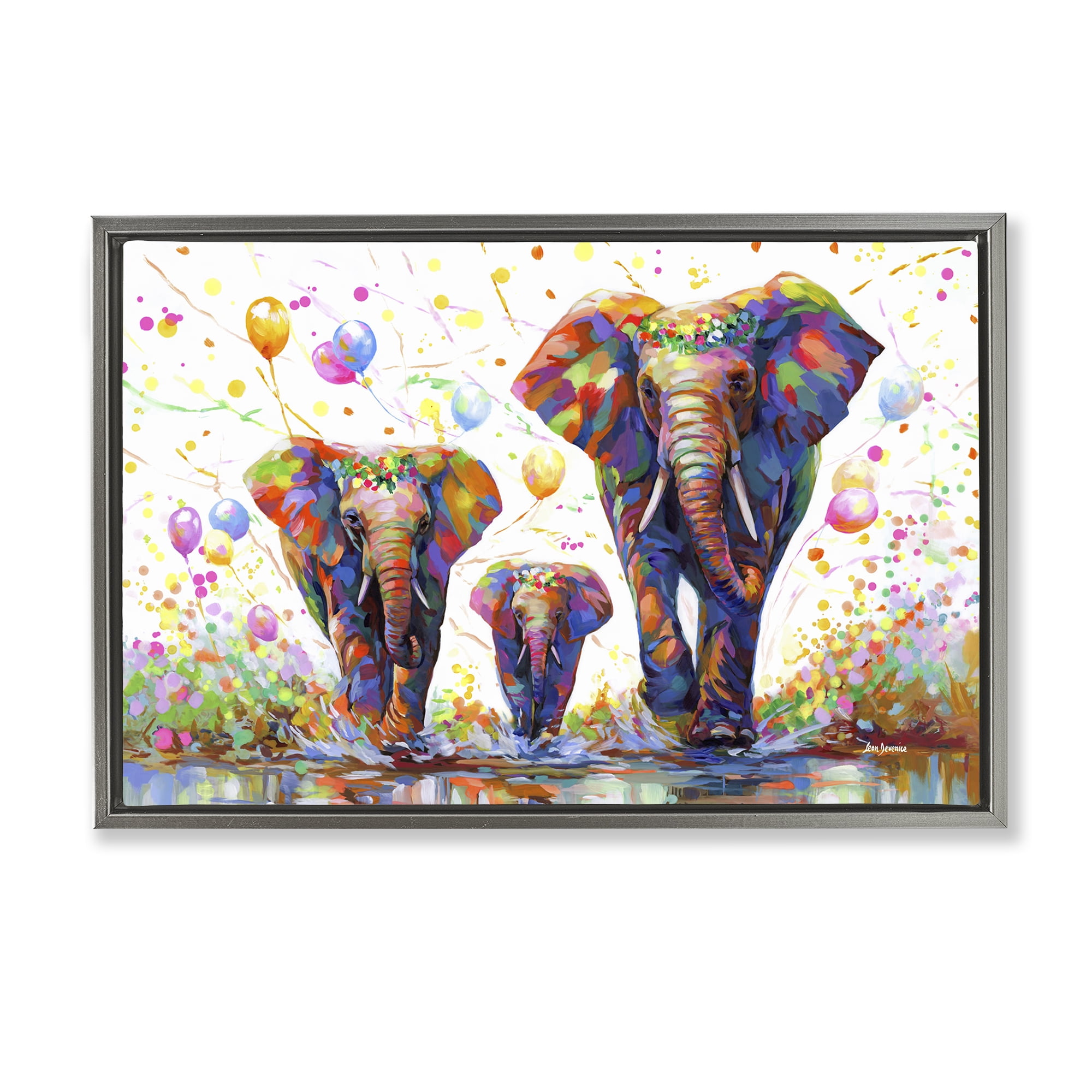 Stupell Industries Elephants & Celebration Balloons Animals & Insects Painting Gray Floater Framed Canvas Art Print Wall Art, 25 x 17