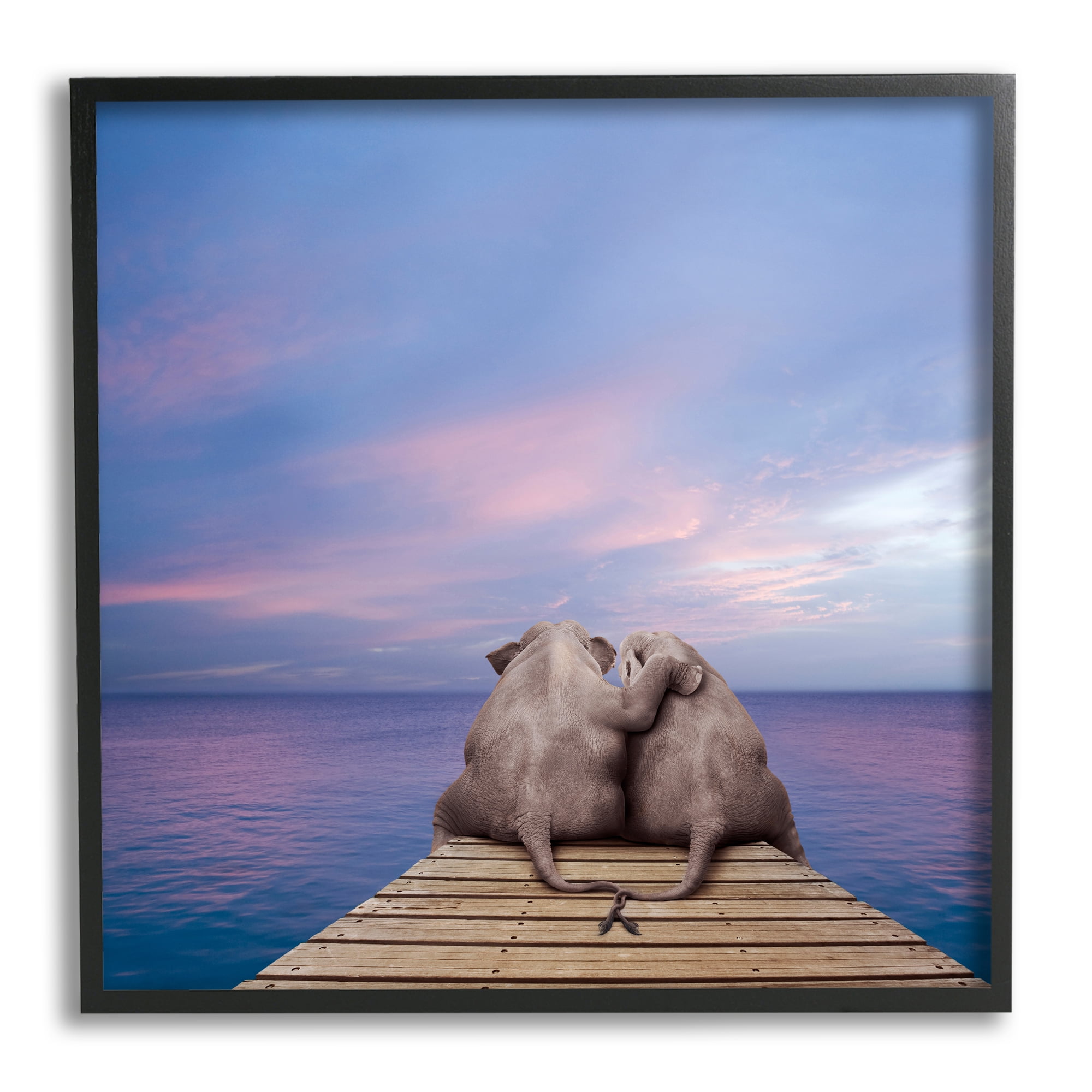 Stupell Industries Elephants Cuddling on Dock Animals & Insects Painting Black Framed Art Print Wall Art, 24 x 24