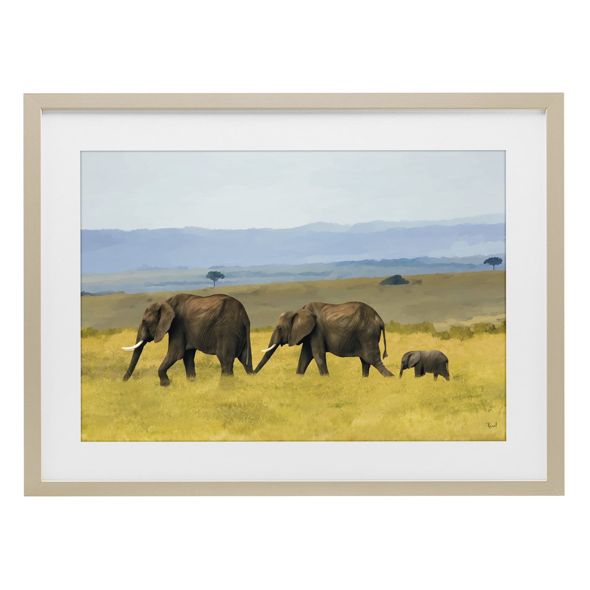 Stupell Industries Elephants In The Grassland Birch Framed Print Under Glass, design by Renel Peters