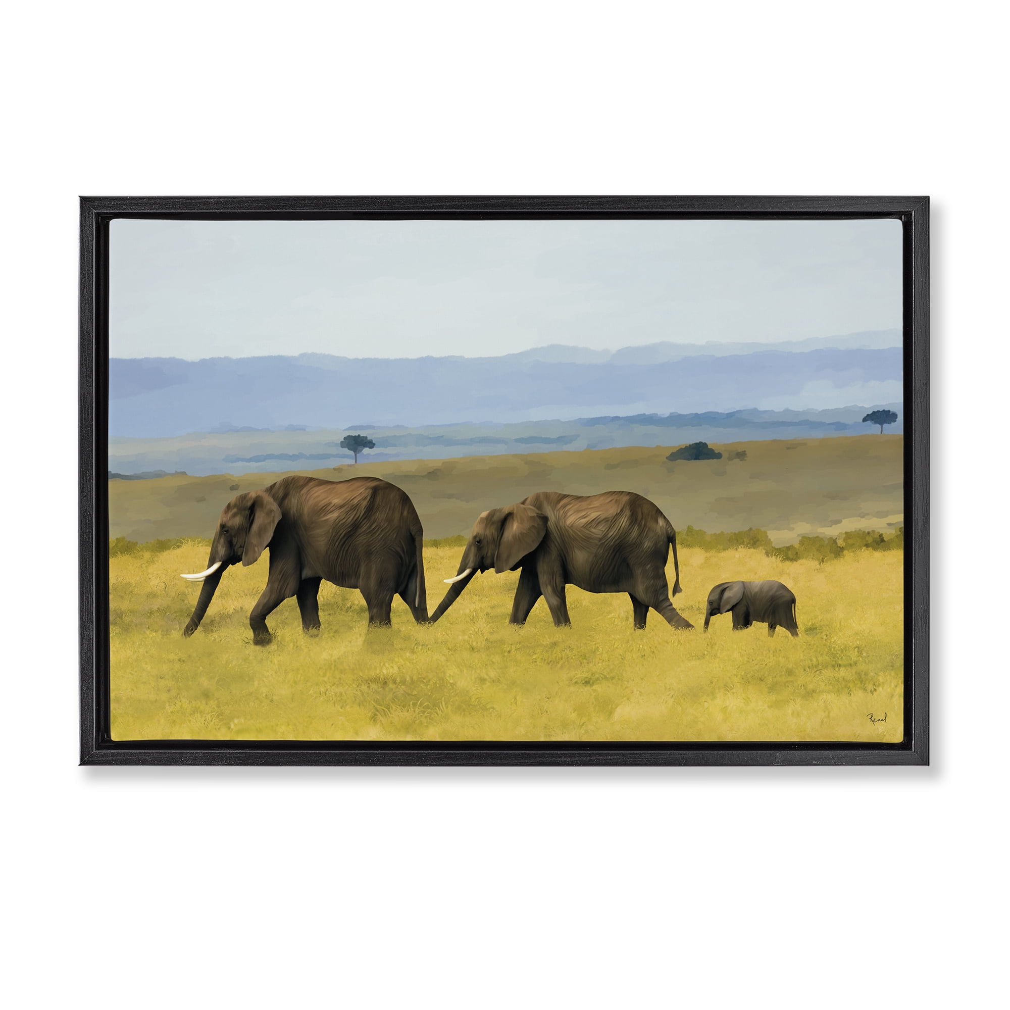 Stupell Industries Elephants In The Grassland Black Framed Floater Canvas Wall Art, design by Renel Peters