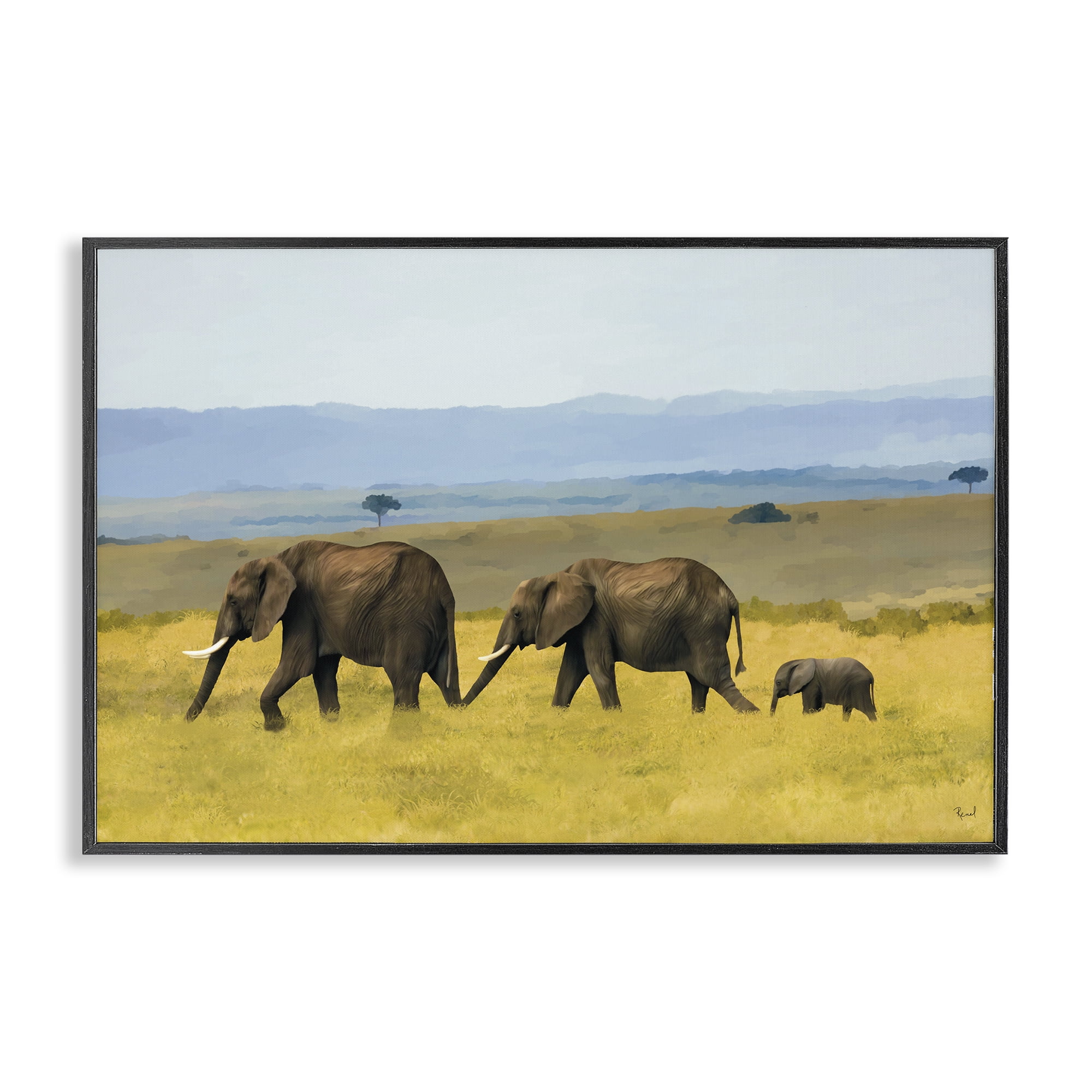 Stupell Industries Elephants In The Grassland Black Framed Giclee Art, design by Renel Peters