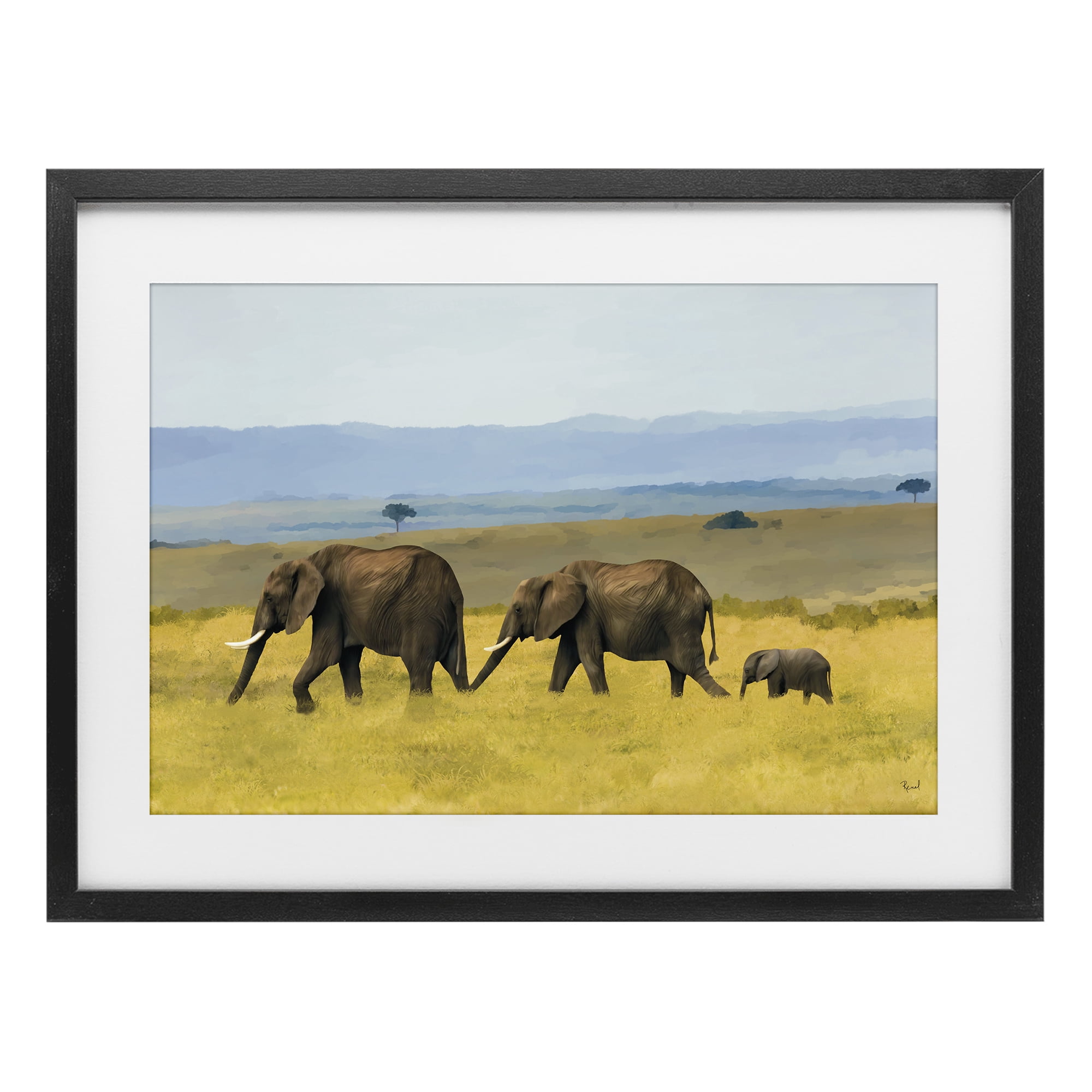 Stupell Industries Elephants In The Grassland Black Framed Print Under Glass, design by Renel Peters