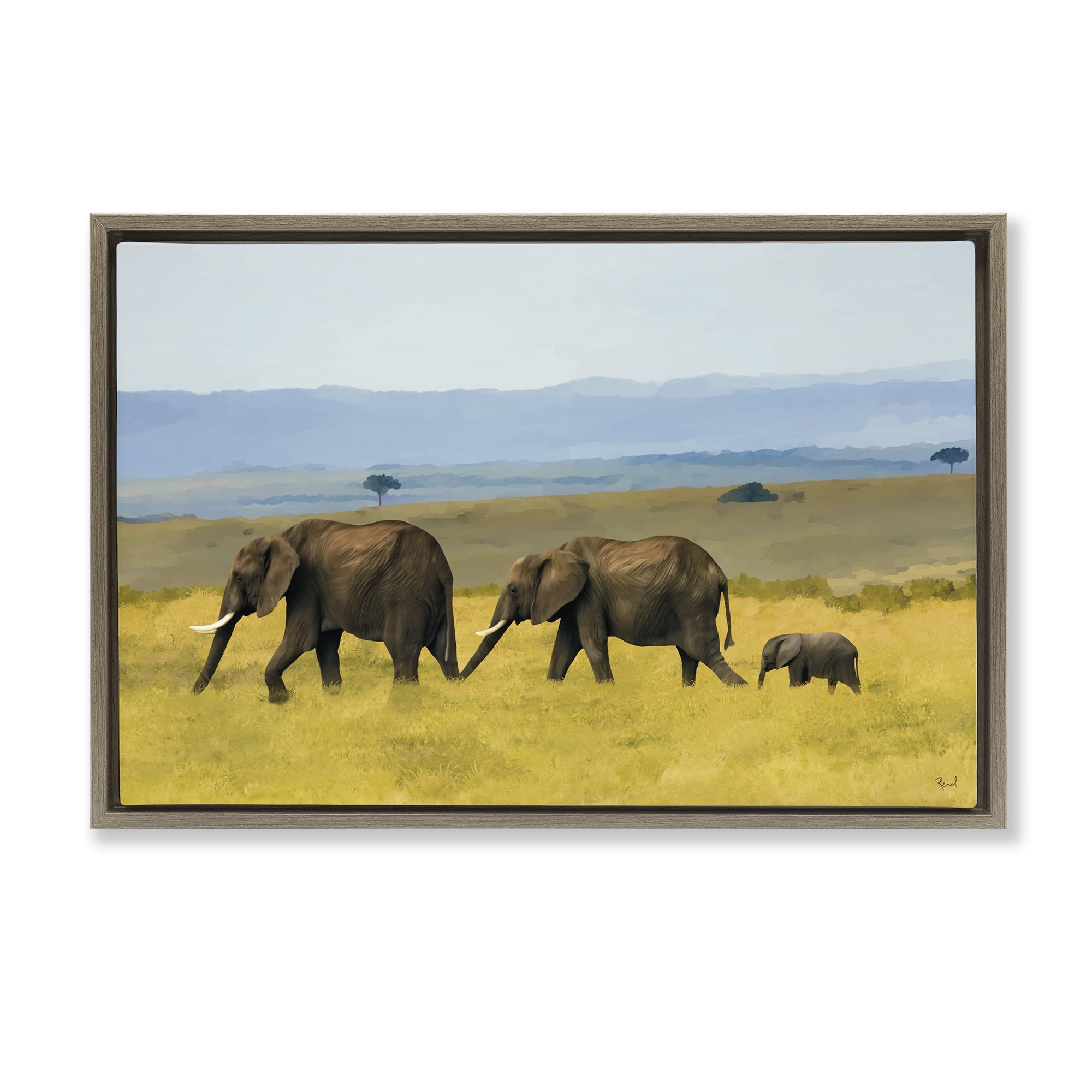 Stupell Industries Elephants In The Grassland Brown Framed Floater Canvas Wall Art, design by Renel Peters