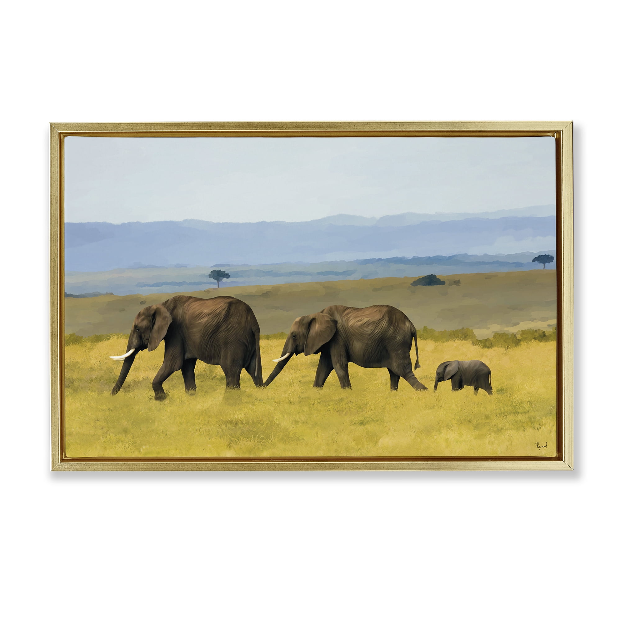Stupell Industries Elephants In The Grassland Gold Framed Floater Canvas Wall Art, design by Renel Peters