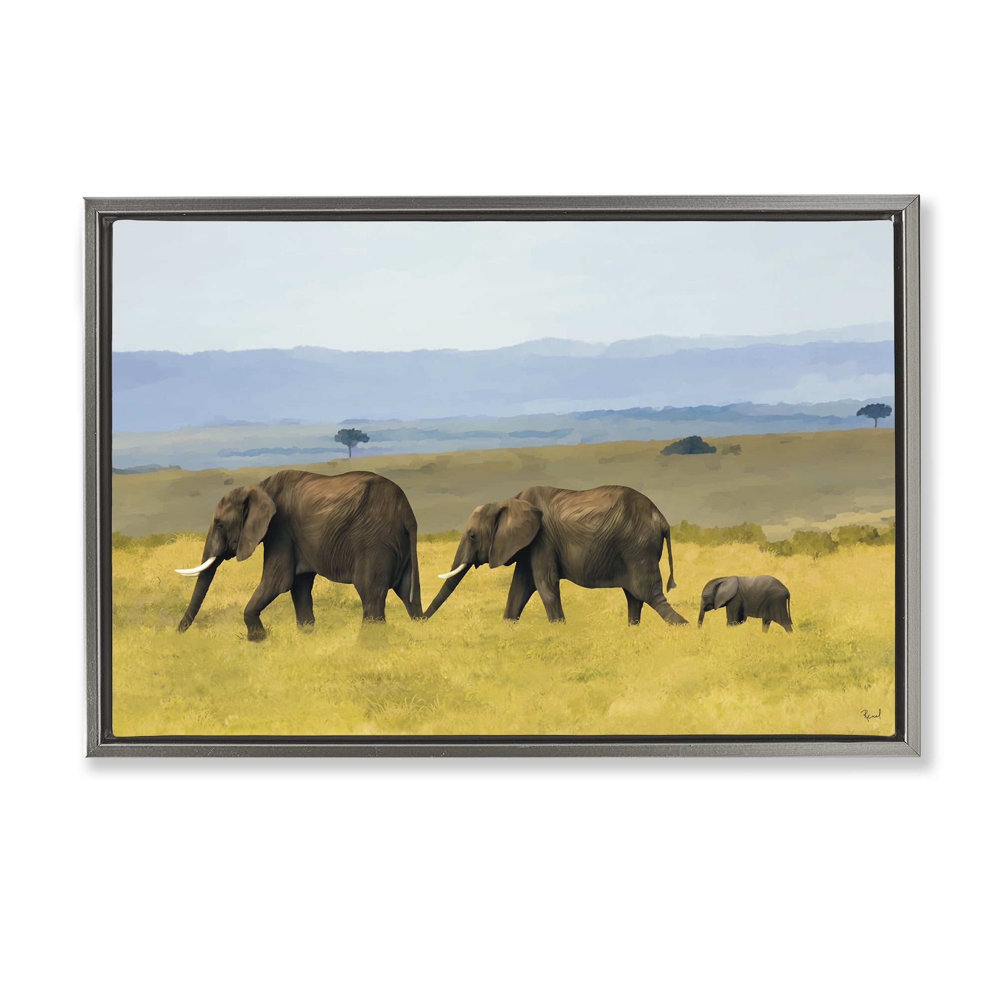 Stupell Industries Elephants In The Grassland Gray Framed Floater Canvas Wall Art, design by Renel Peters