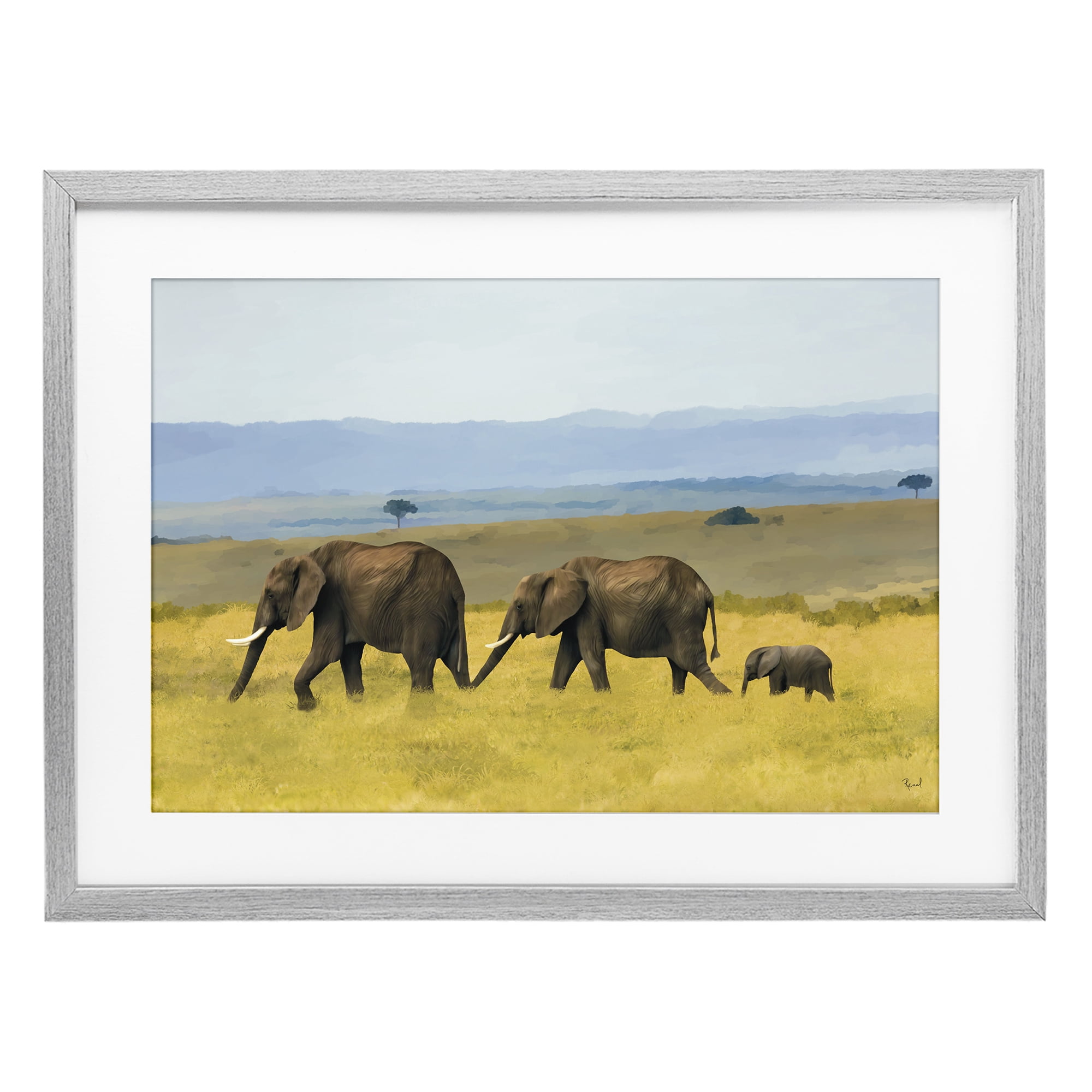 Stupell Industries Elephants In The Grassland Gray Framed Print Under Glass, design by Renel Peters