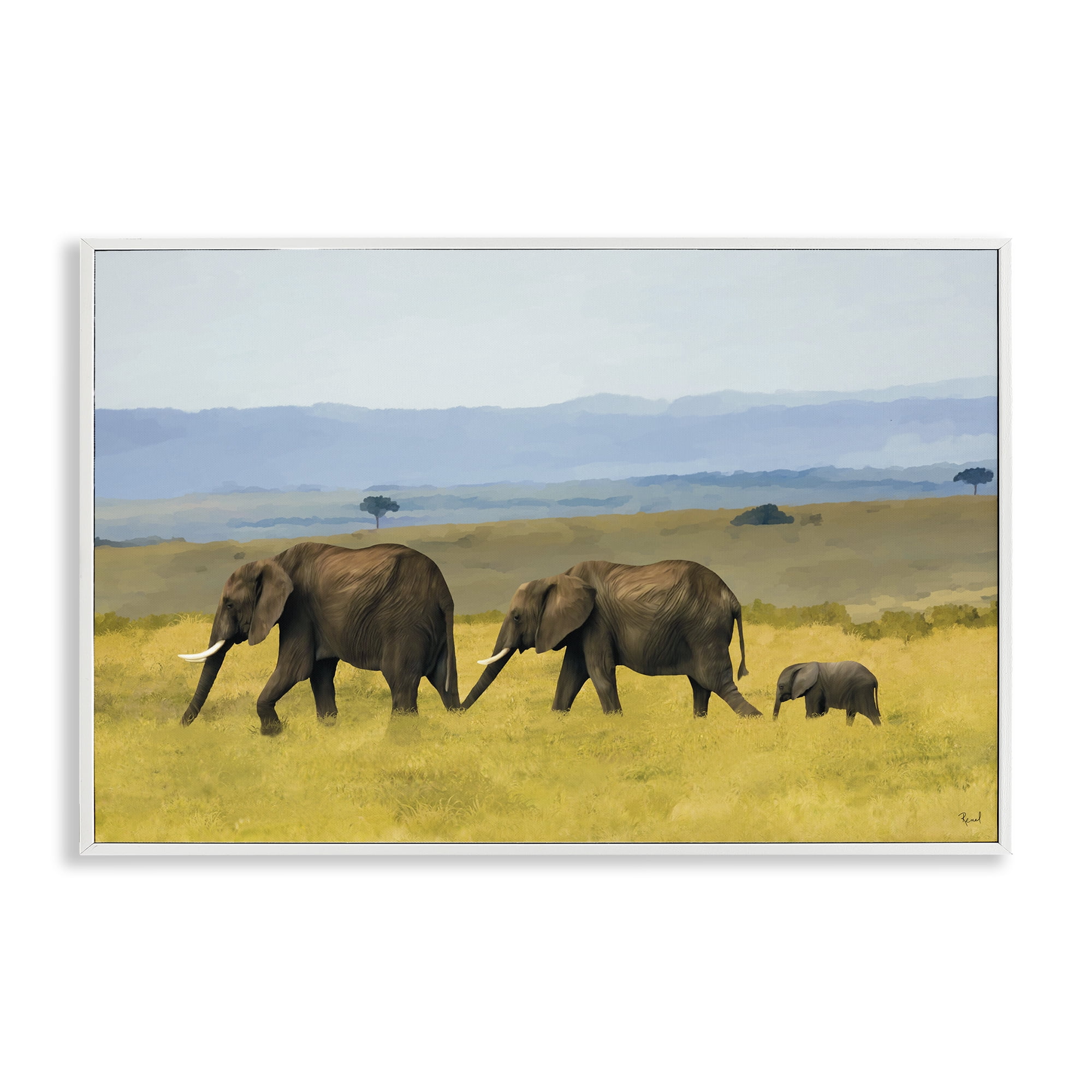 Stupell Industries Elephants In The Grassland White Framed Giclee Art, design by Renel Peters