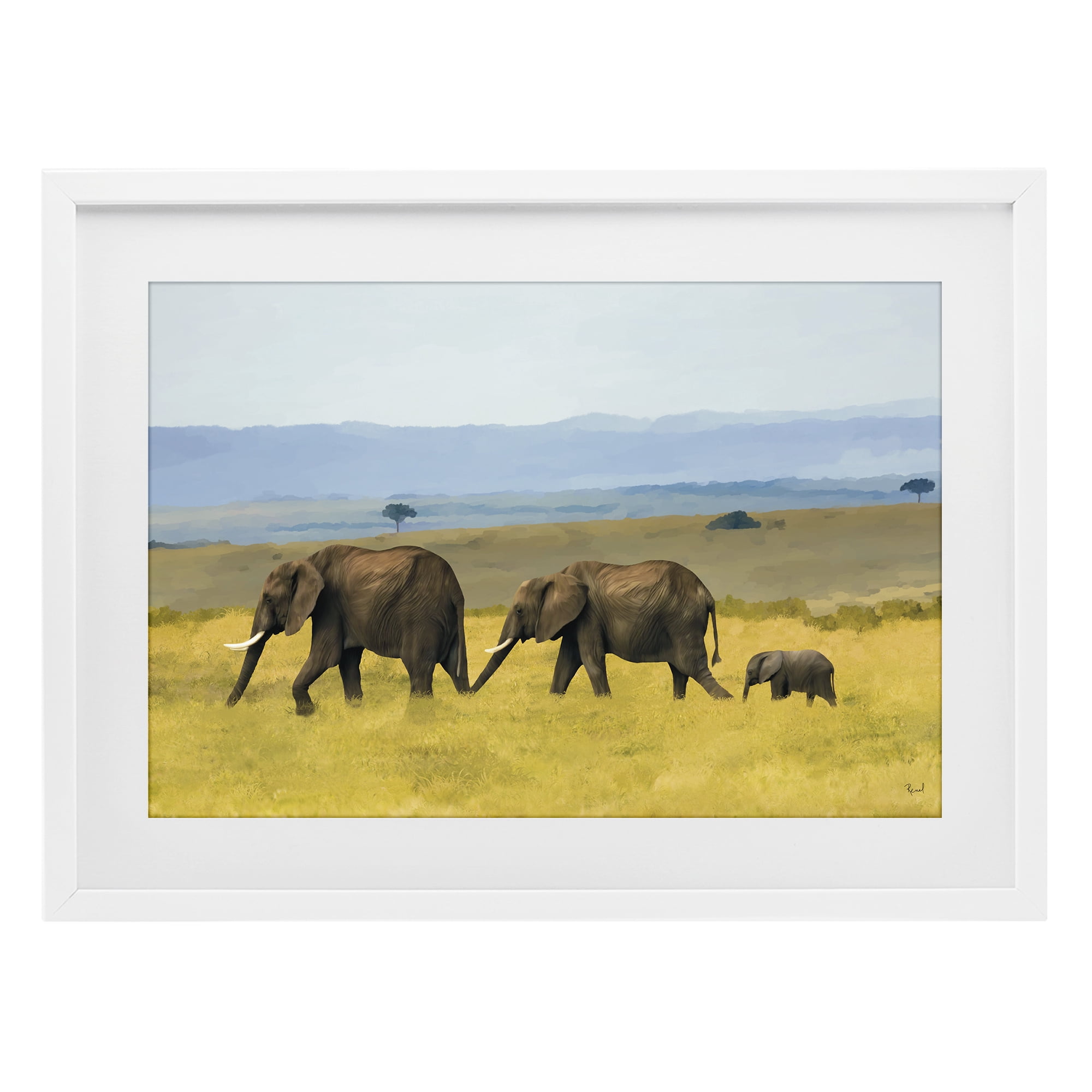 Stupell Industries Elephants In The Grassland White Framed Print Under Glass, design by Renel Peters