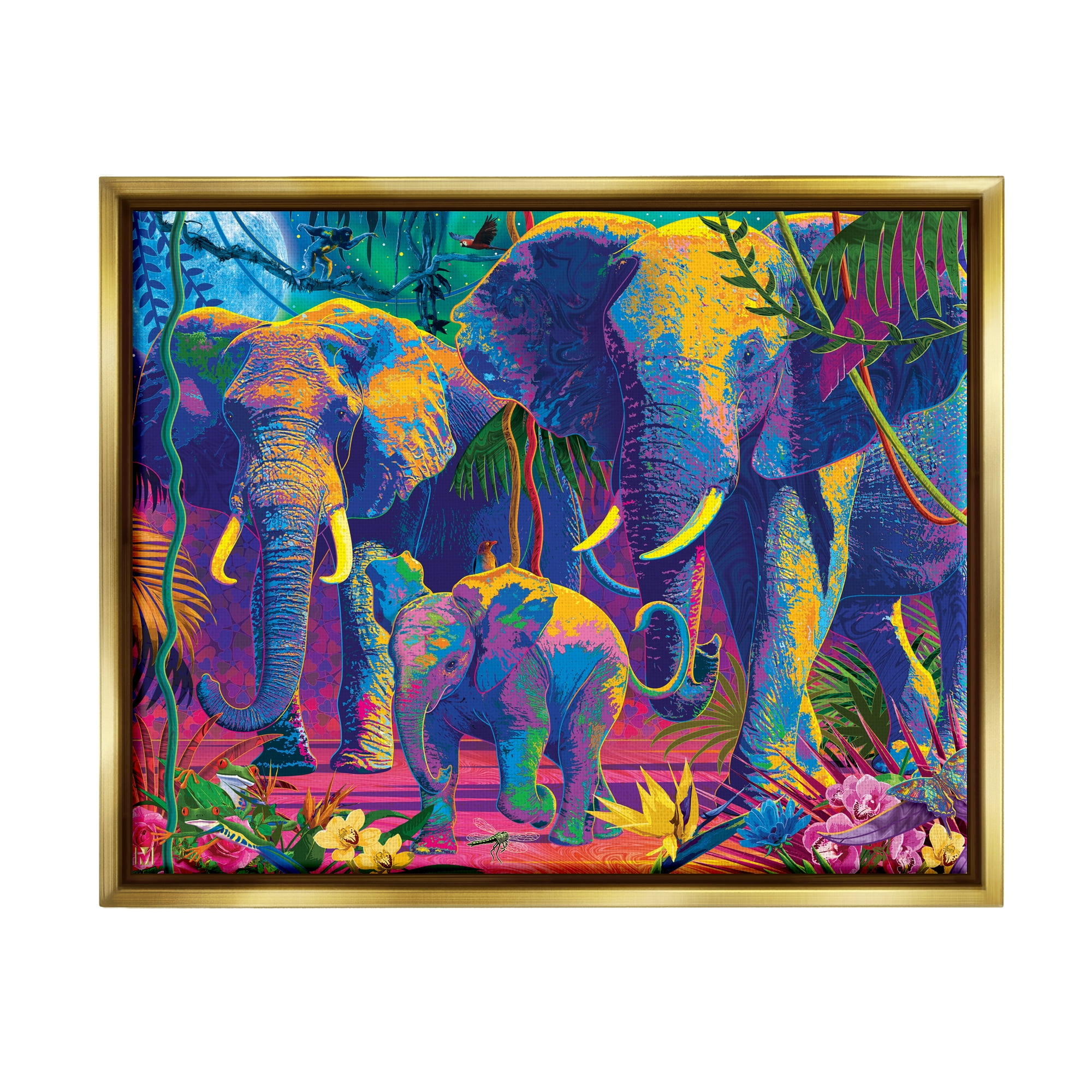 Stupell Industries Elephants in Vivid Hues Animals & Insects Painting Gold Floater Framed Art Print Wall Art, 31 x 25