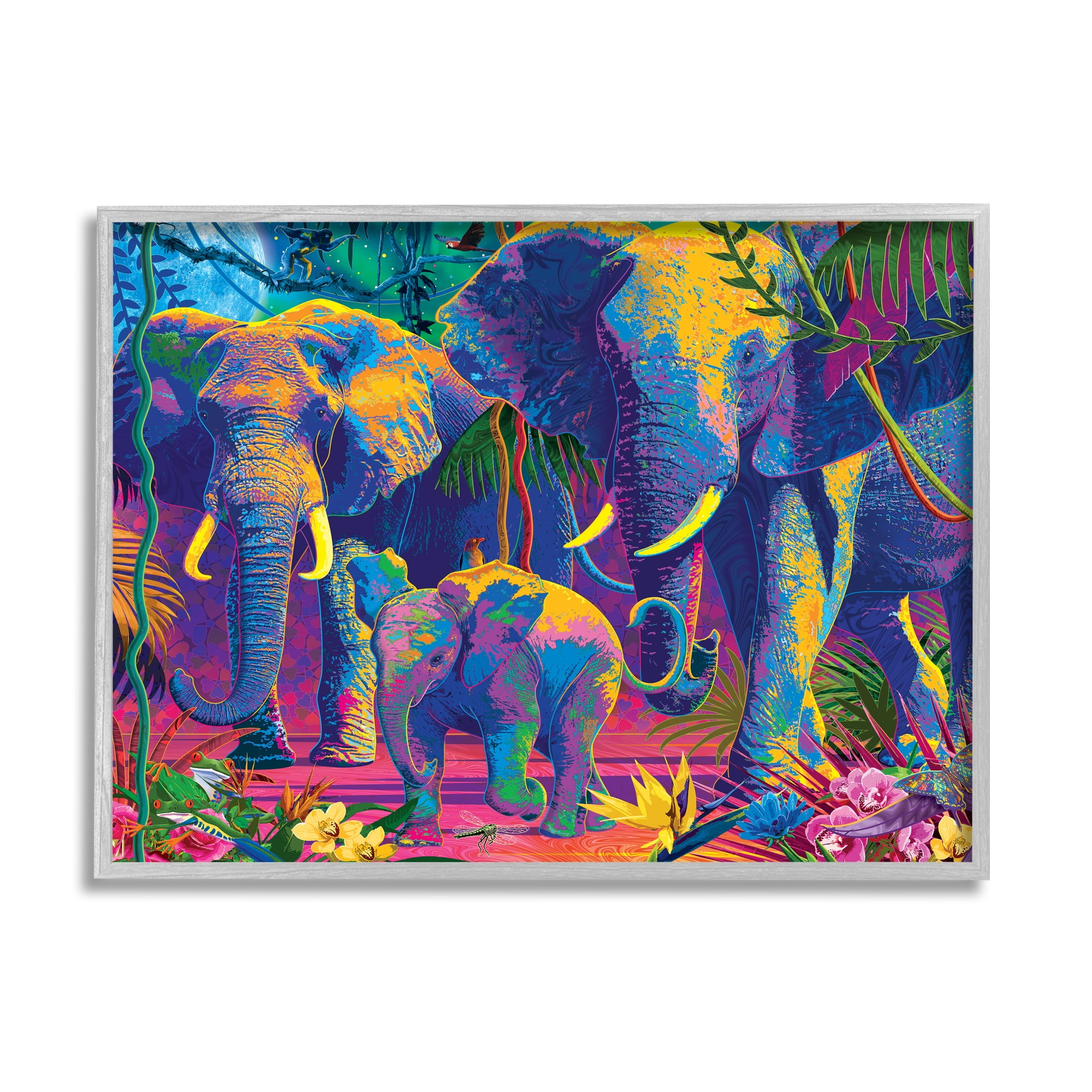 Stupell Industries Elephants in Vivid Hues Animals & Insects Painting Gray Framed Art Print Wall Art, 20 x 16
