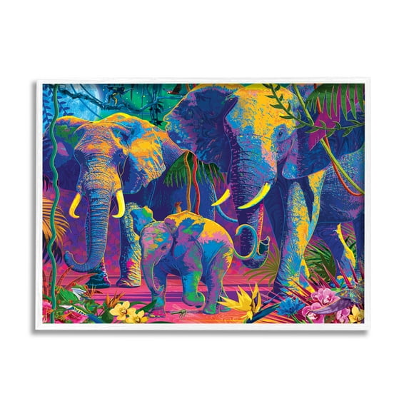 Stupell Industries Elephants in Vivid Hues Animals & Insects Painting White Framed Art Print Wall Art, 30 x 24
