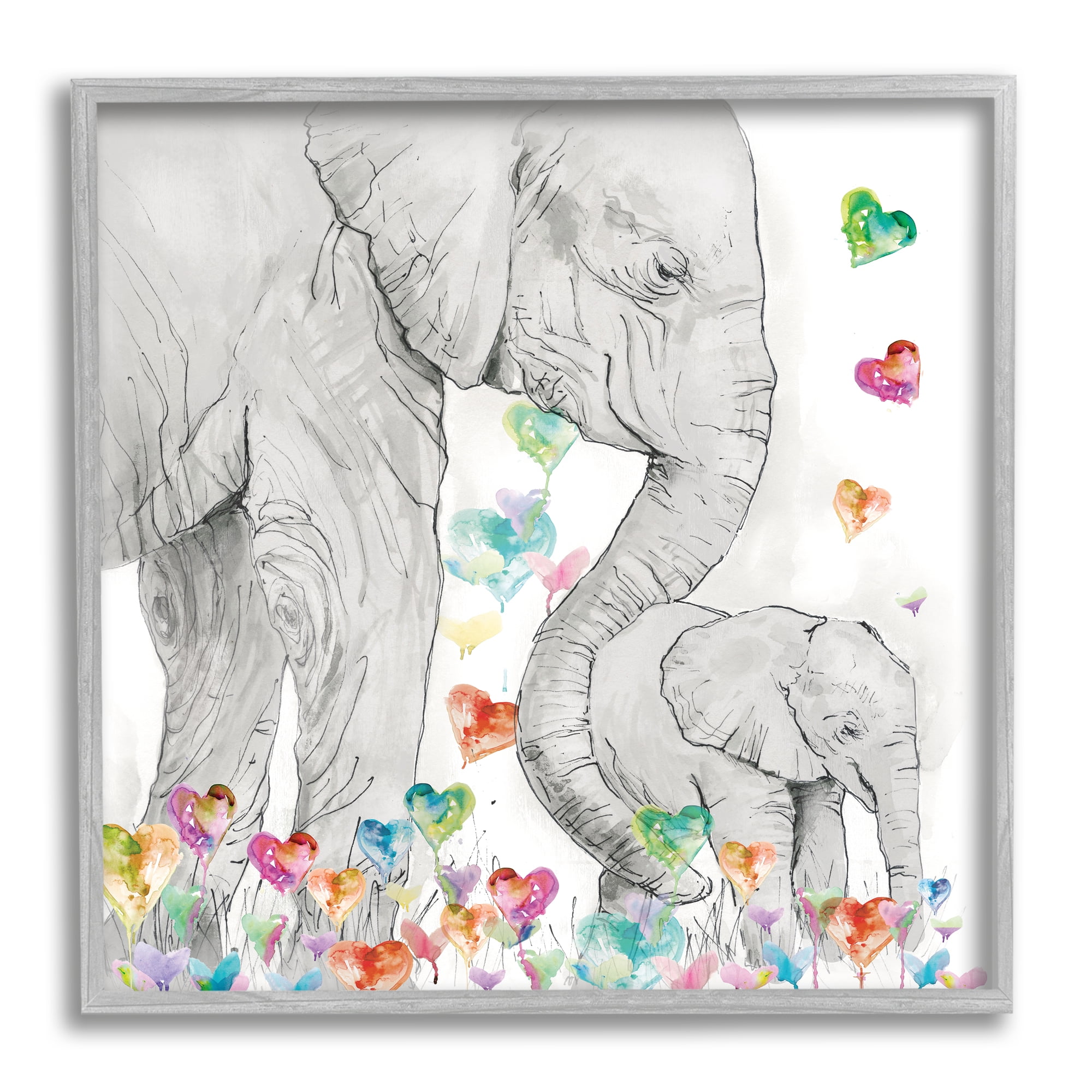 Stupell Industries Elephants with Modern Hearts Animals & Insects Painting Gray Framed Art Print Wall Art, 17 x 17