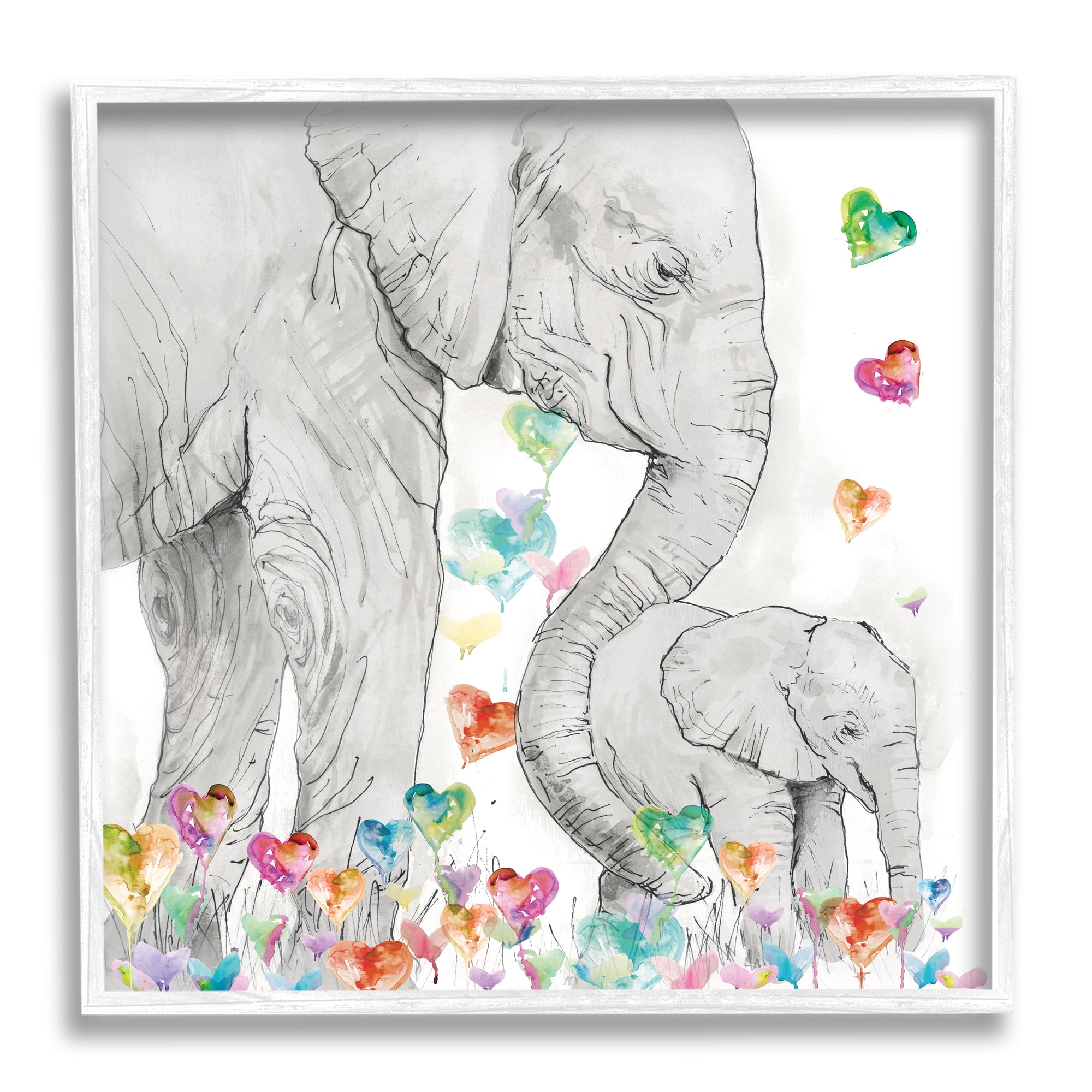 Stupell Industries Elephants with Modern Hearts Animals & Insects Painting White Framed Art Print Wall Art, 12 x 12