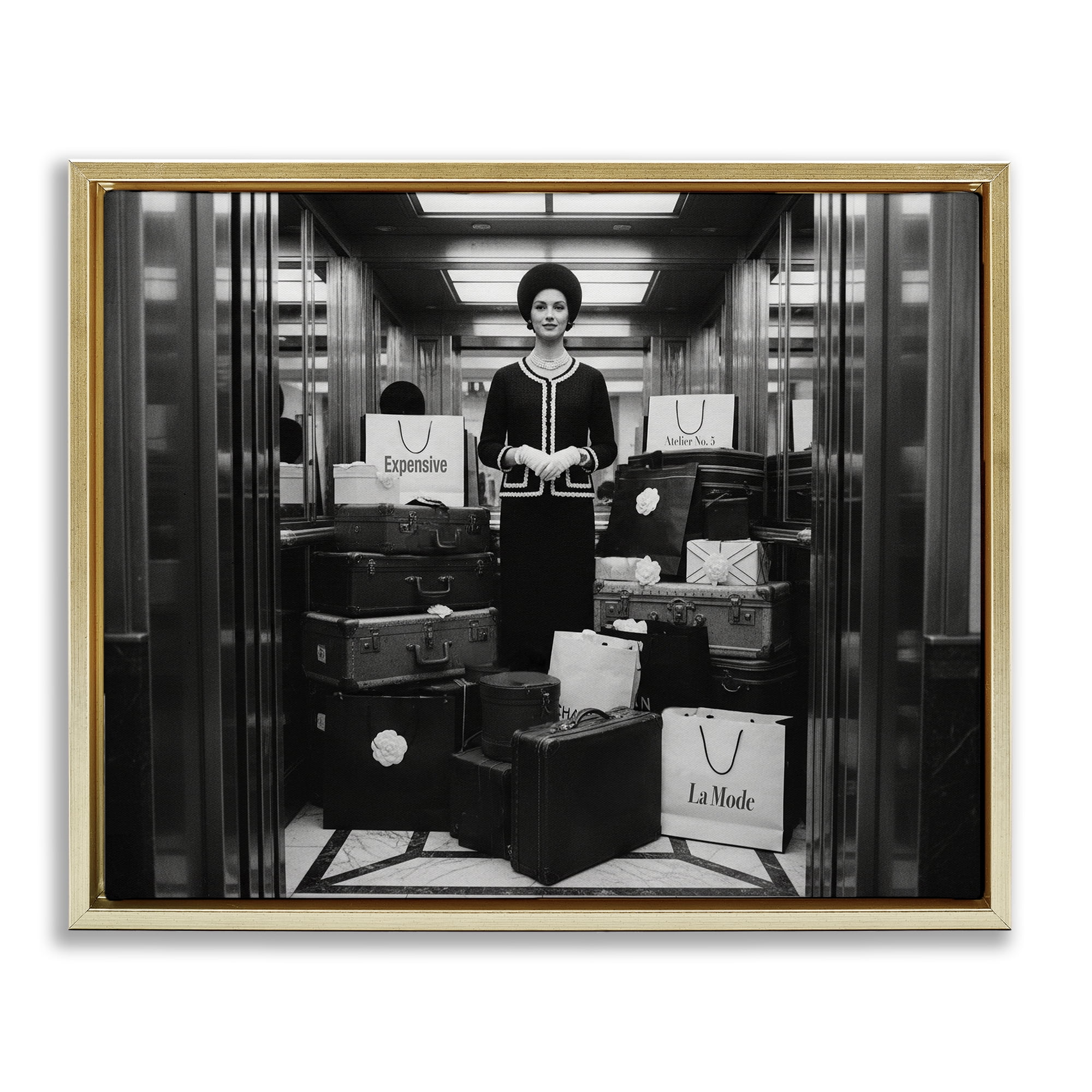 Stupell Industries Elevator Chic Shopping Gold Framed Floater Canvas Wall Art, design by A Barefoot Stylist