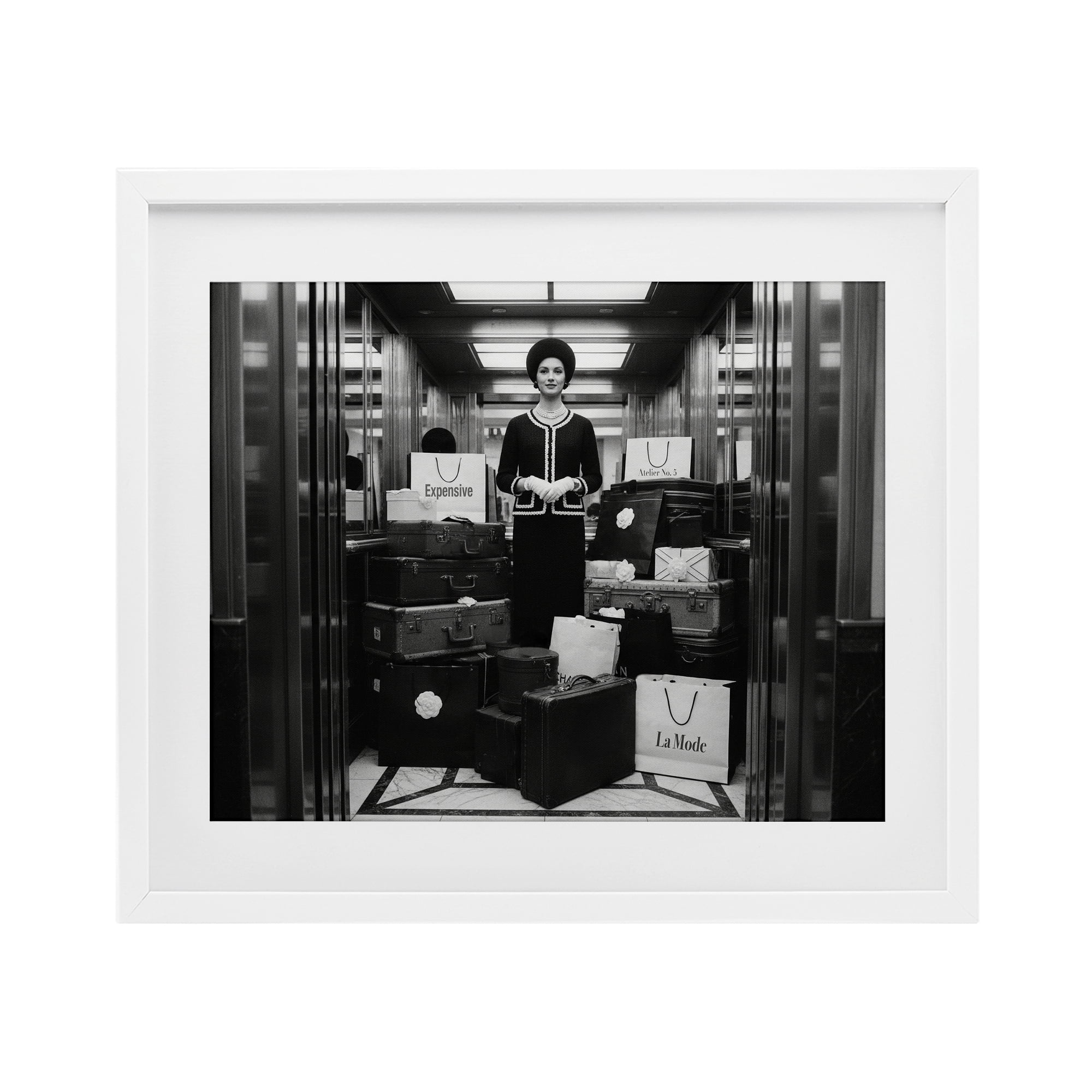 Stupell Industries Elevator Chic Shopping White Framed Print Under Glass, design by A Barefoot Stylist