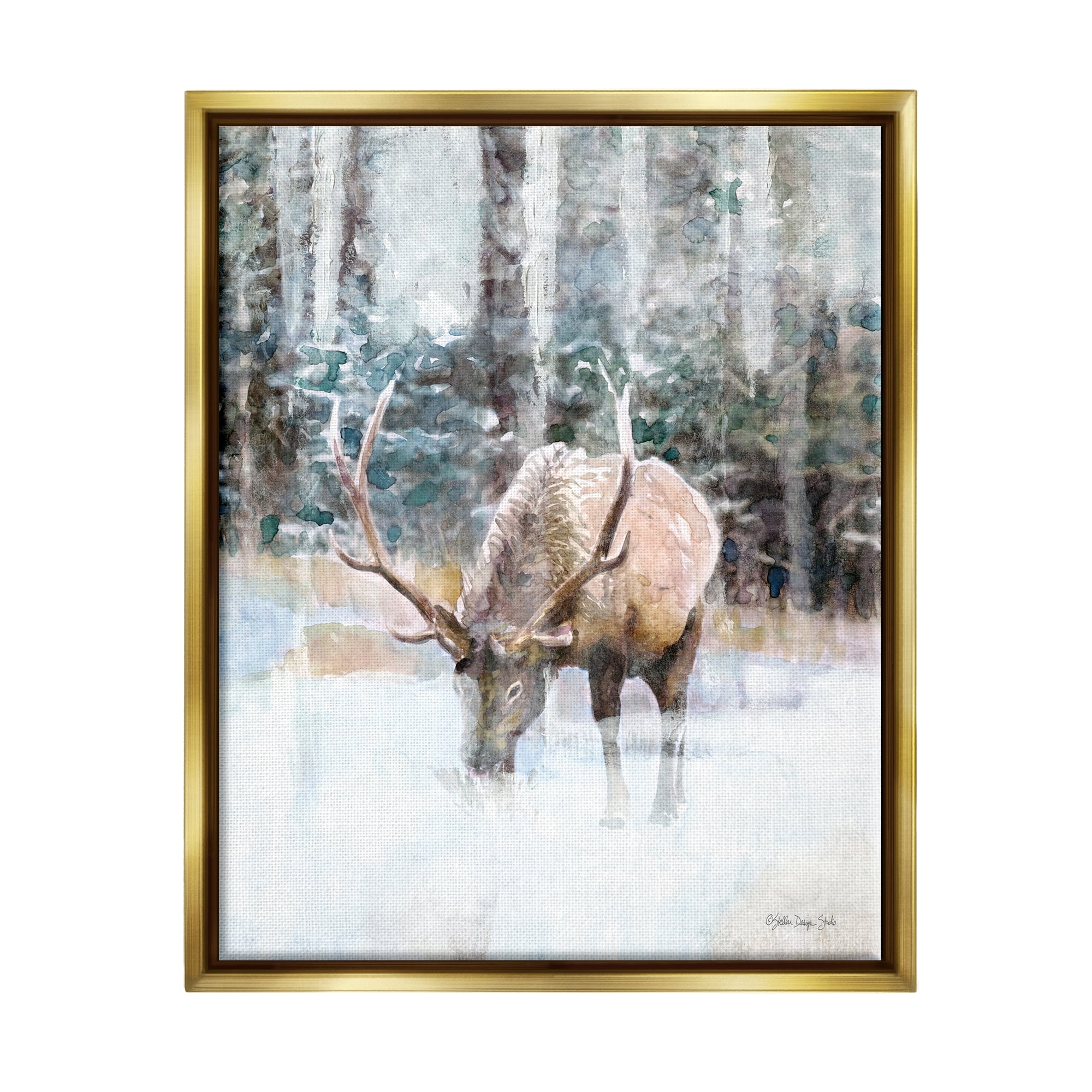 Stupell Industries Elk Abstract Woodland Nature Animals & Insects Painting Gold Floater Framed Art Print Wall Art, 17 x 21