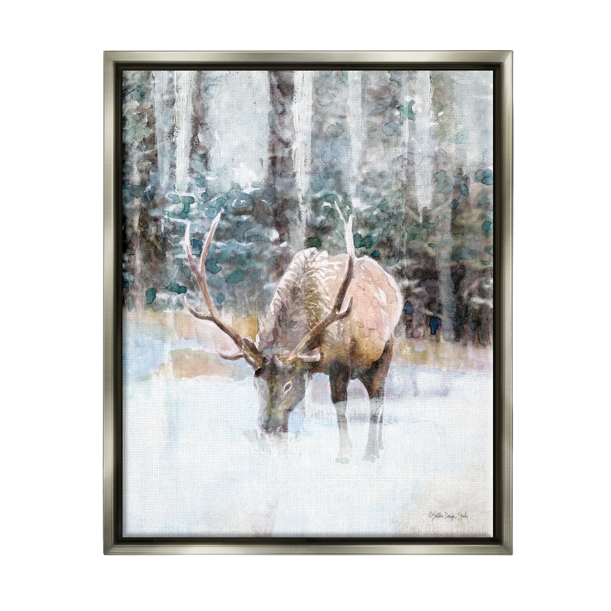 Stupell Industries Elk Abstract Woodland Nature Animals & Insects Painting Gray Floater Framed Art Print Wall Art, 17 x 21