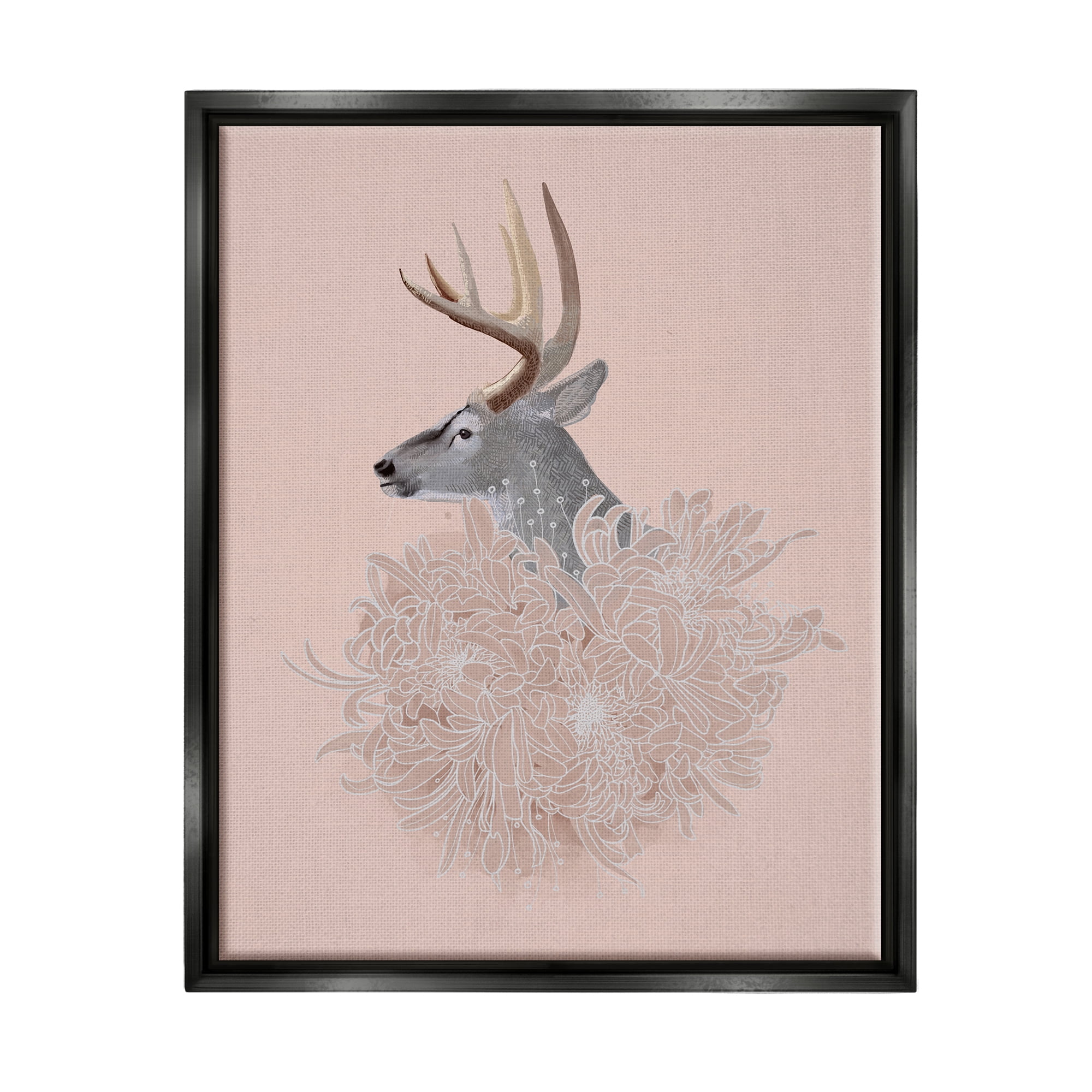 Stupell Industries Elk & Chrysanthemum Animals & Insects Painting Black Floater Framed Canvas Art Print Wall Art, 25 x 31