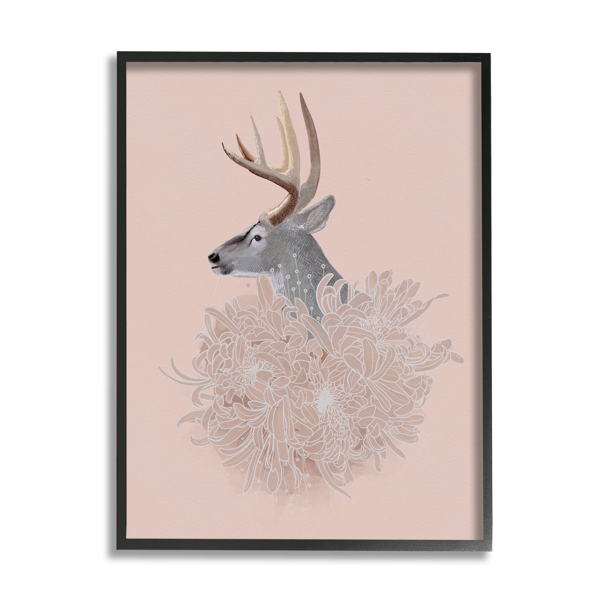 Stupell Industries Elk & Chrysanthemum Animals & Insects Painting Black Framed Art Print Wall Art, 16 x 20