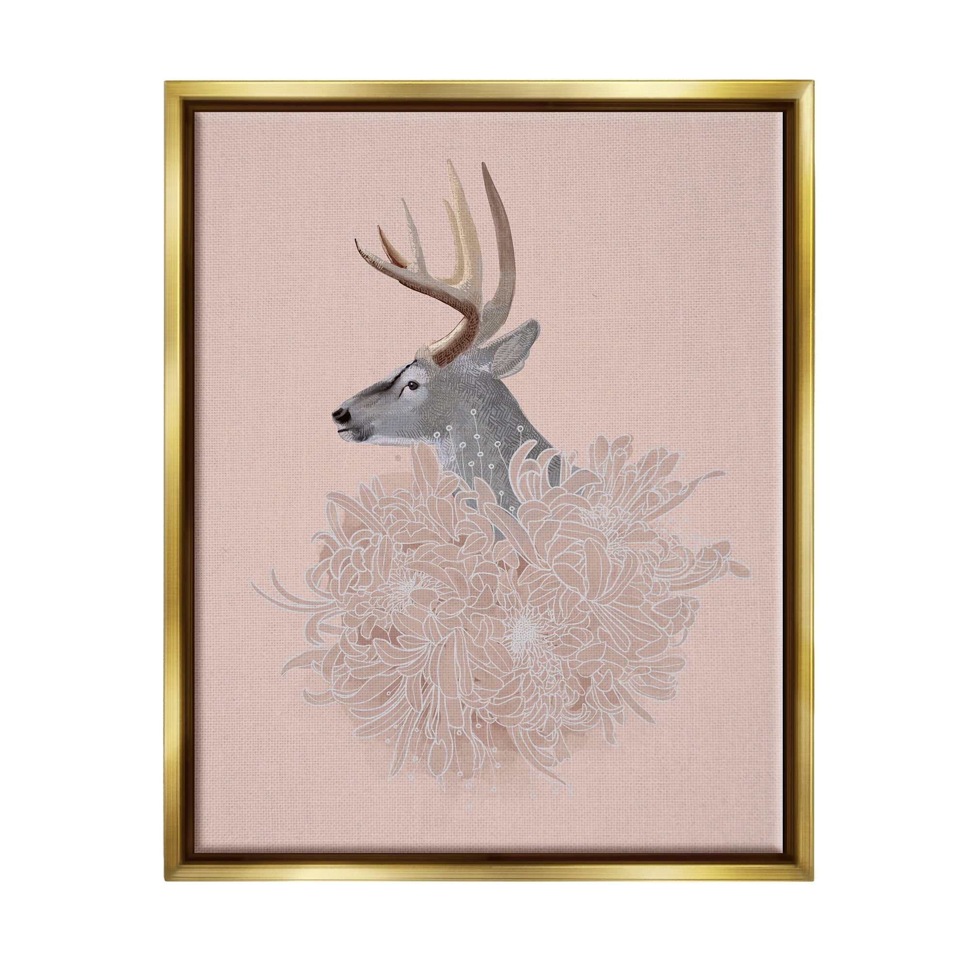 Stupell Industries Elk & Chrysanthemum Animals & Insects Painting Gold Floater Framed Canvas Art Print Wall Art, 17 x 21