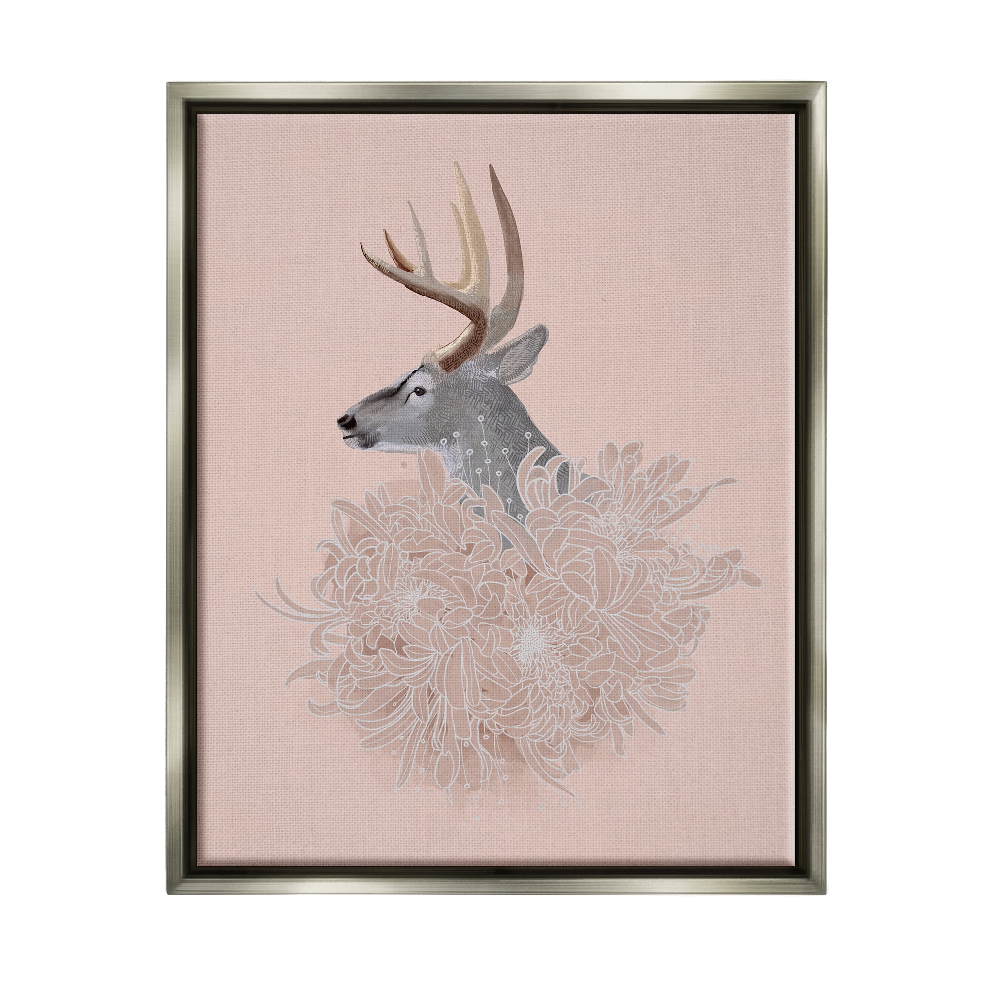 Stupell Industries Elk & Chrysanthemum Animals & Insects Painting Gray Floater Framed Canvas Art Print Wall Art, 17 x 21