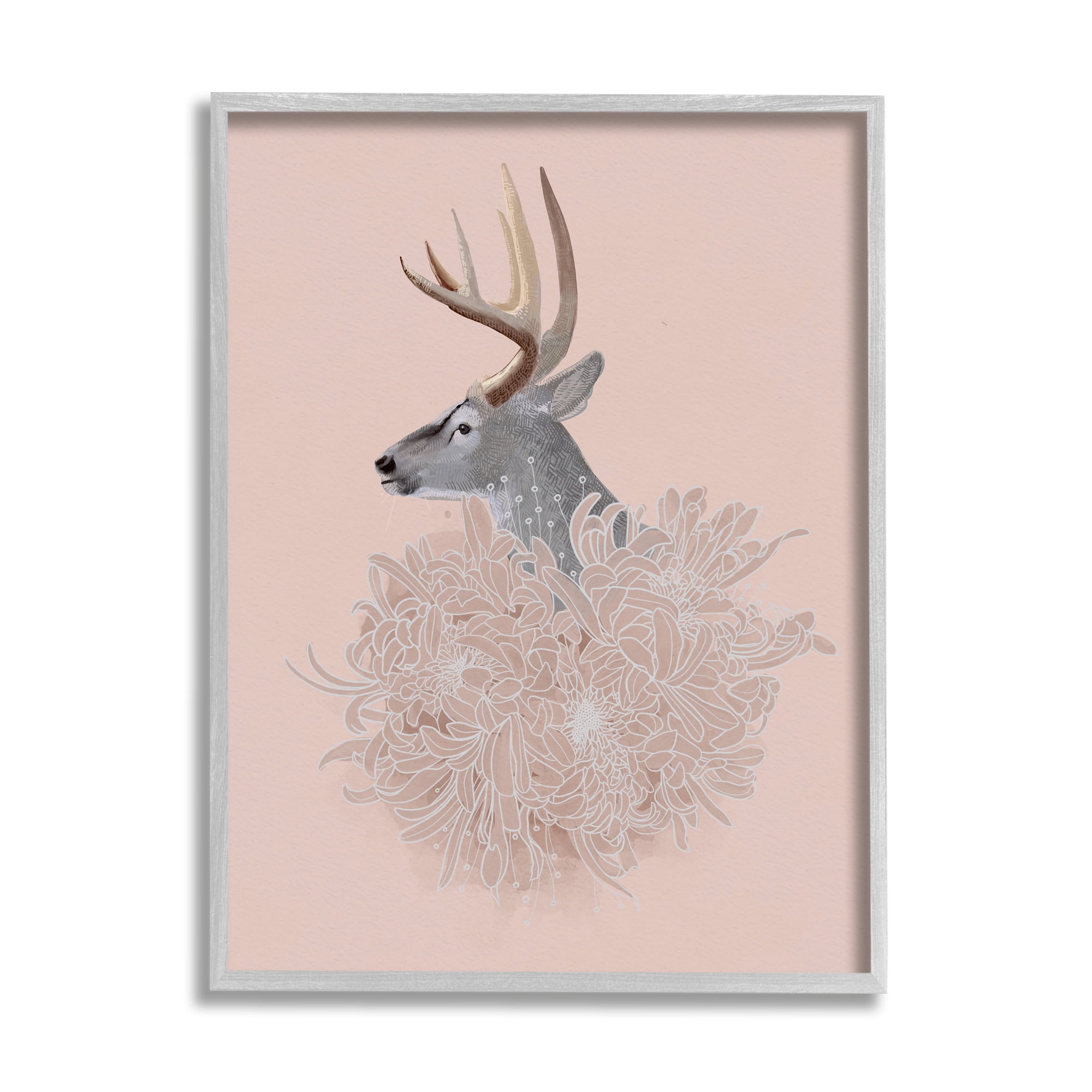Stupell Industries Elk & Chrysanthemum Animals & Insects Painting Gray Framed Art Print Wall Art, 11 x 14