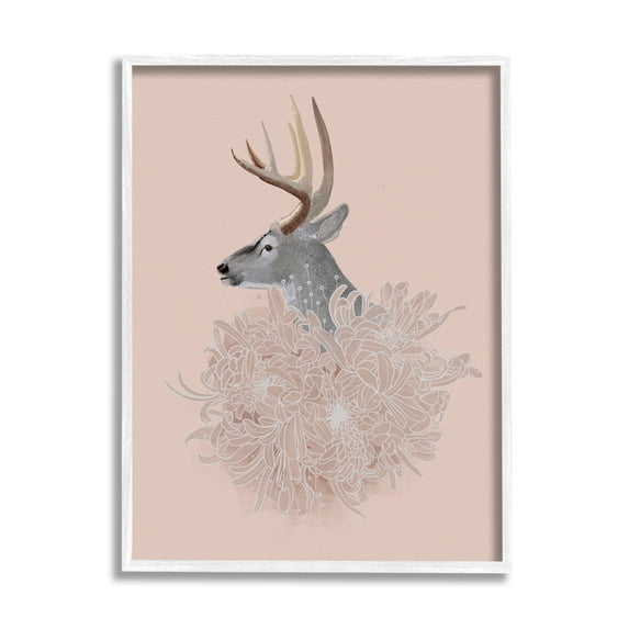 Stupell Industries Elk & Chrysanthemum Animals & Insects Painting White Framed Art Print Wall Art, 11 x 14