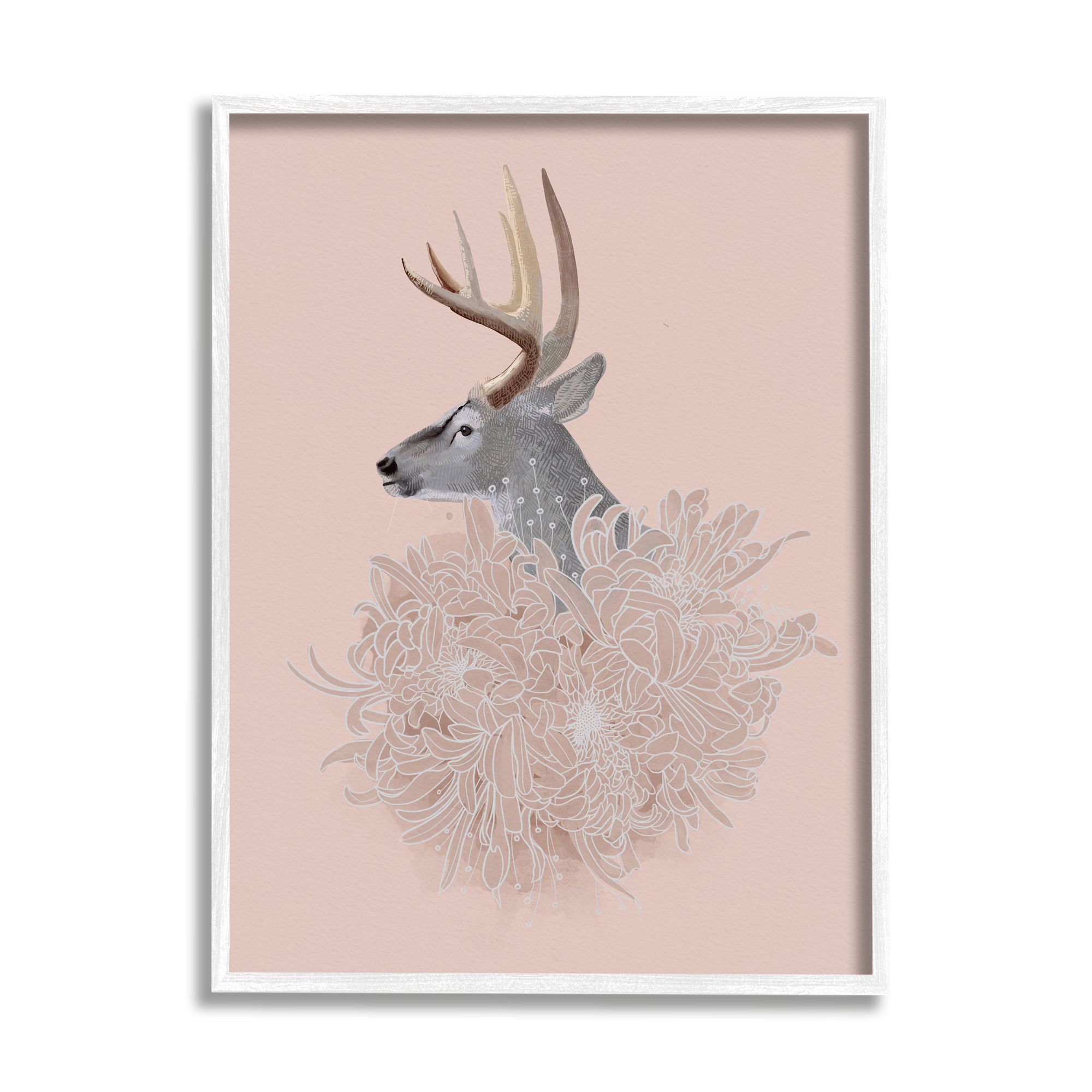Stupell Industries Elk & Chrysanthemum Animals & Insects Painting White Framed Art Print Wall Art, 16 x 20