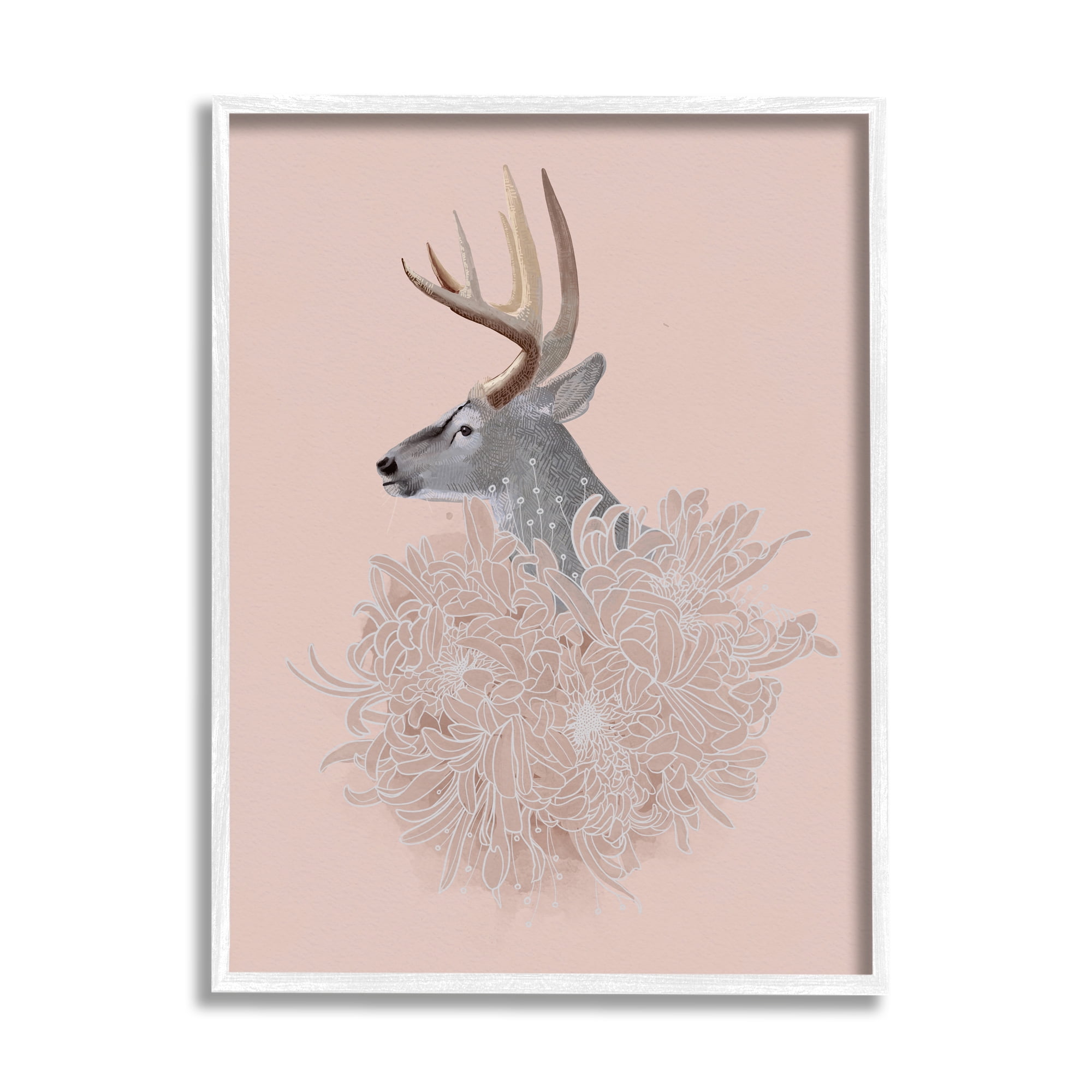 Stupell Industries Elk & Chrysanthemum Animals & Insects Painting White Framed Art Print Wall Art, 24 x 30