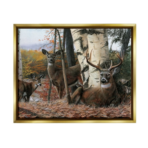 Stupell Industries Elk Family Woodland Foliage Animals & Insects Painting Gold Floater Framed Art Print Wall Art, 31 x 25