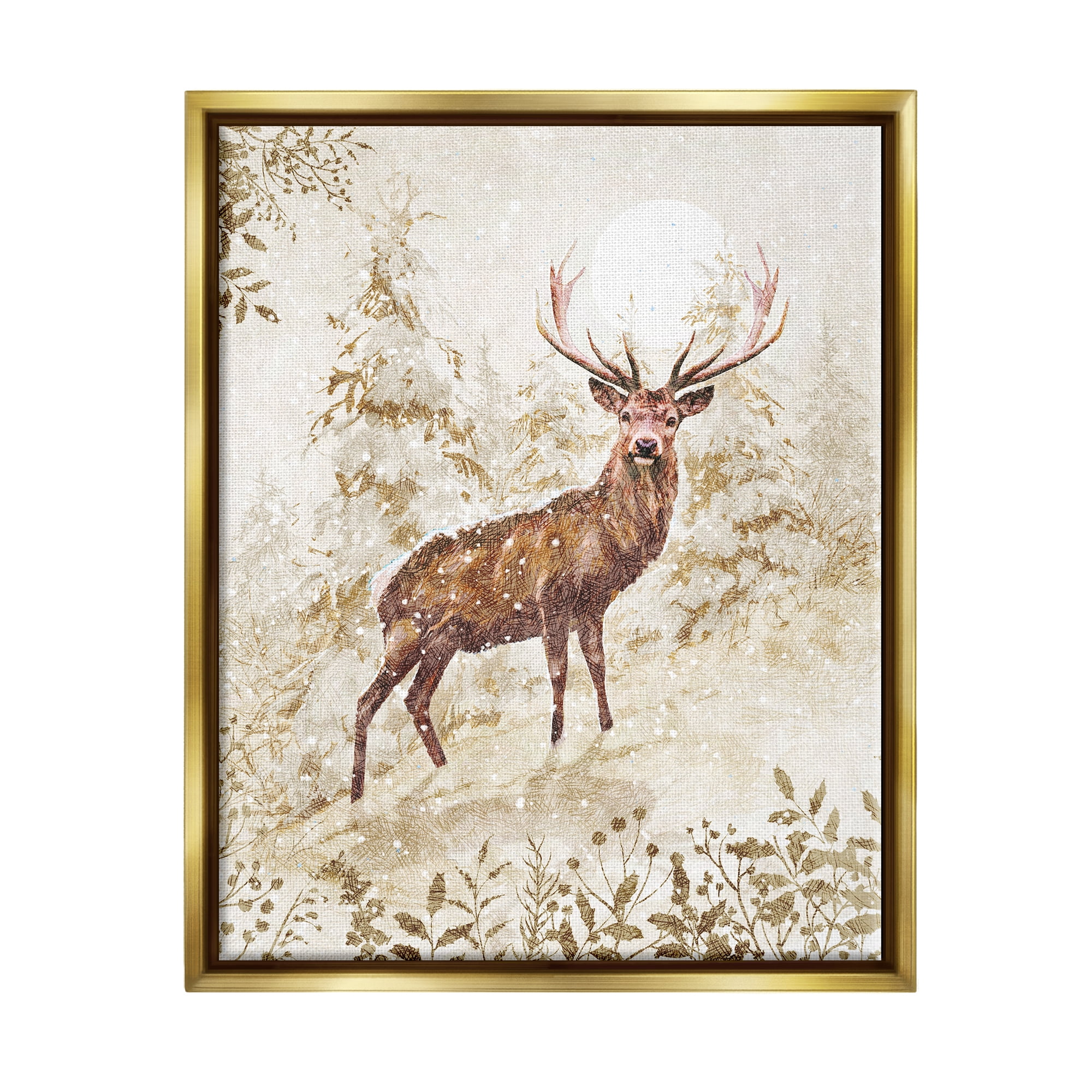 Stupell Industries Elk Snow Covered Forest Holiday Painting Gold Floater Framed Art Print Wall Art