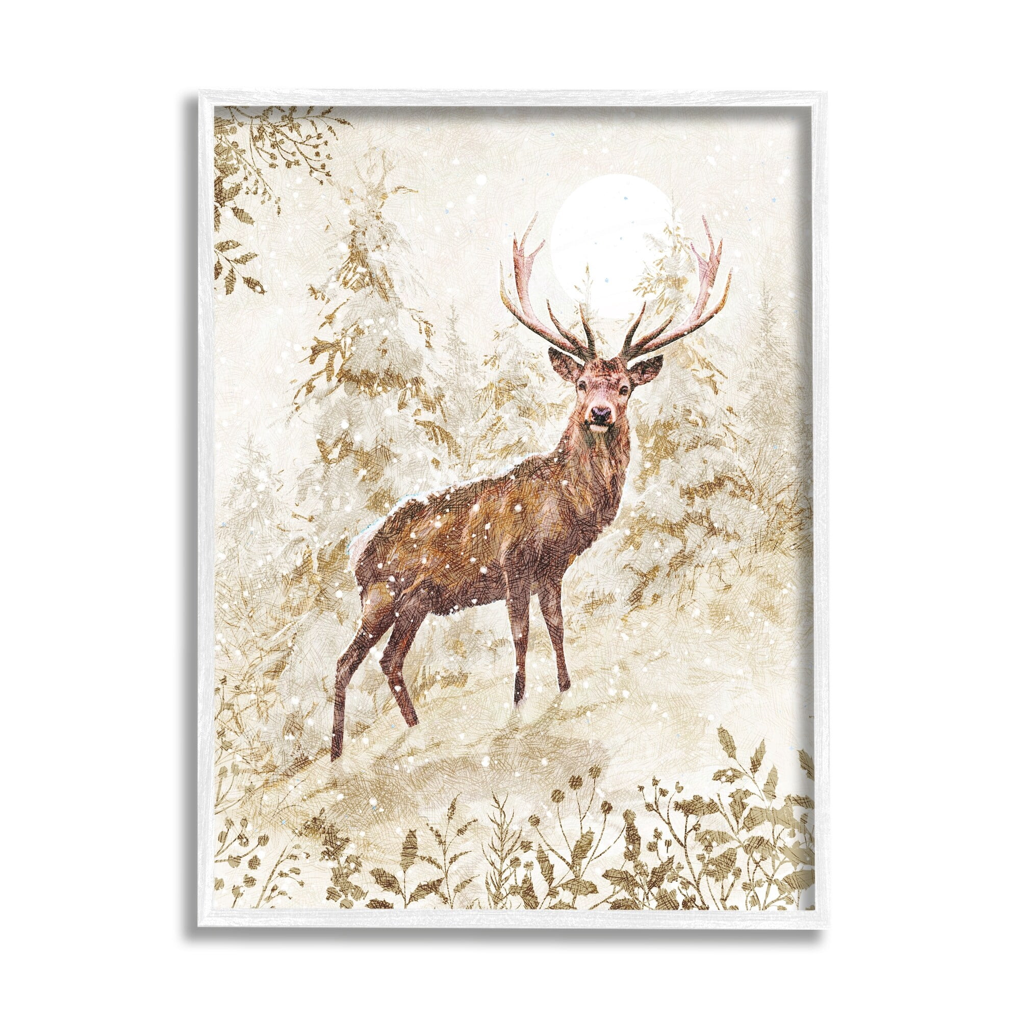 Stupell Industries Elk Snow Covered Forest Holiday Painting White Framed Art Print Wall Art
