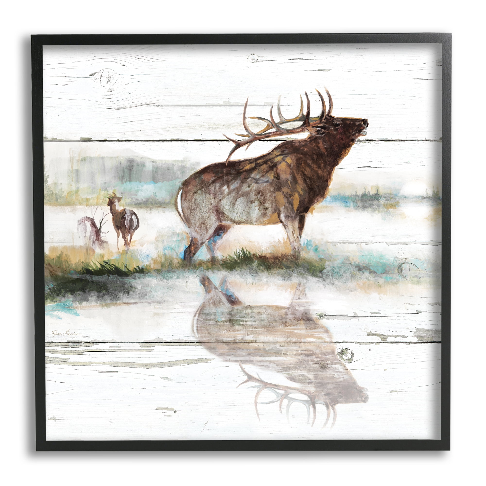 Elk and Wild Deer Forest Animal Landscape Canvas Print, 12 x 12