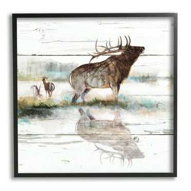 Stupell Industries Elk and Wild Deer Forest Animal Watering Hole Animals & Insects Painting Black Framed Art Print Wall Art, 12 x 12