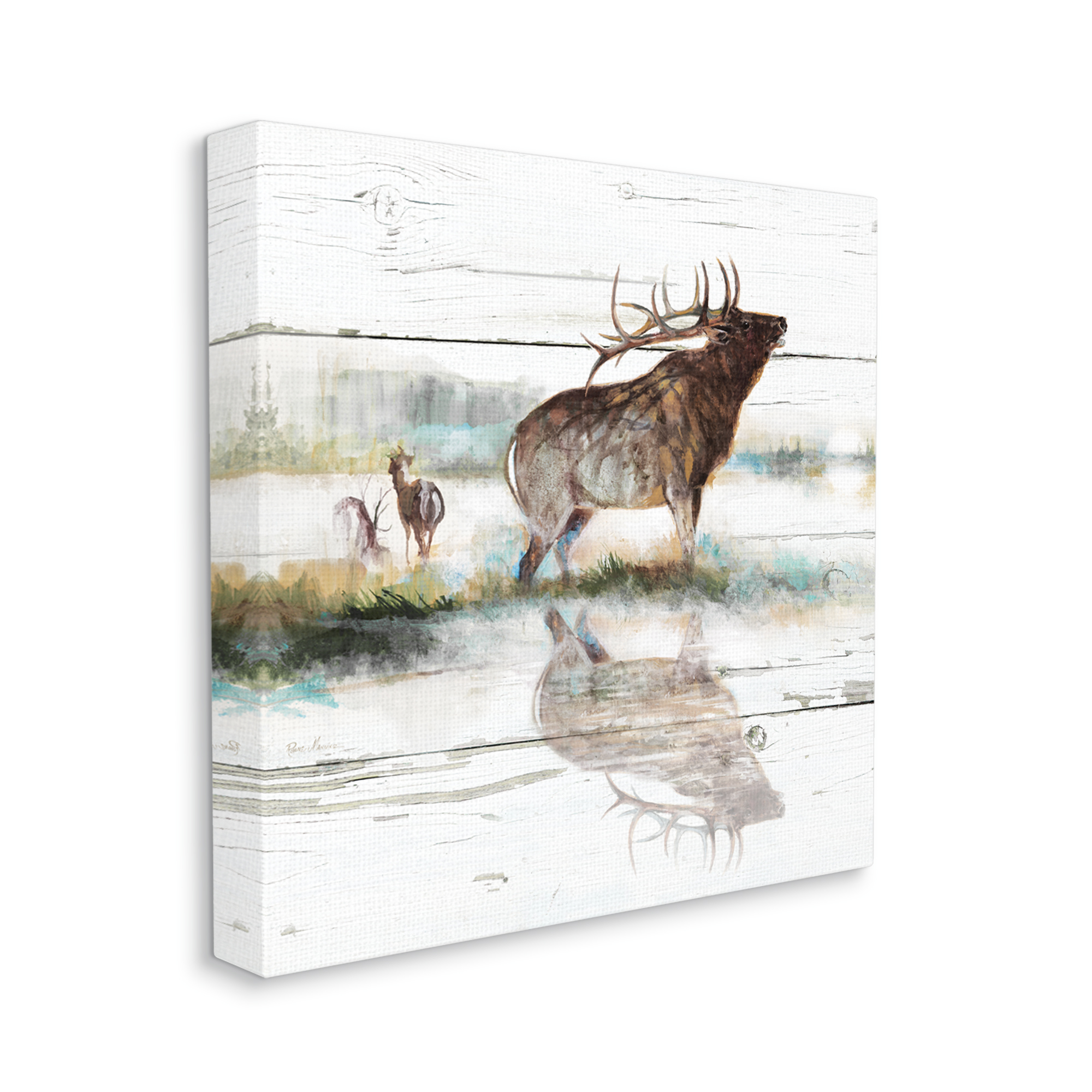 Stupell Industries Elk and Wild Deer Forest Animal Watering Hole Paintings Gallery-Wrapped Canvas Print Wall Art, 36x36, by Ruane Manning