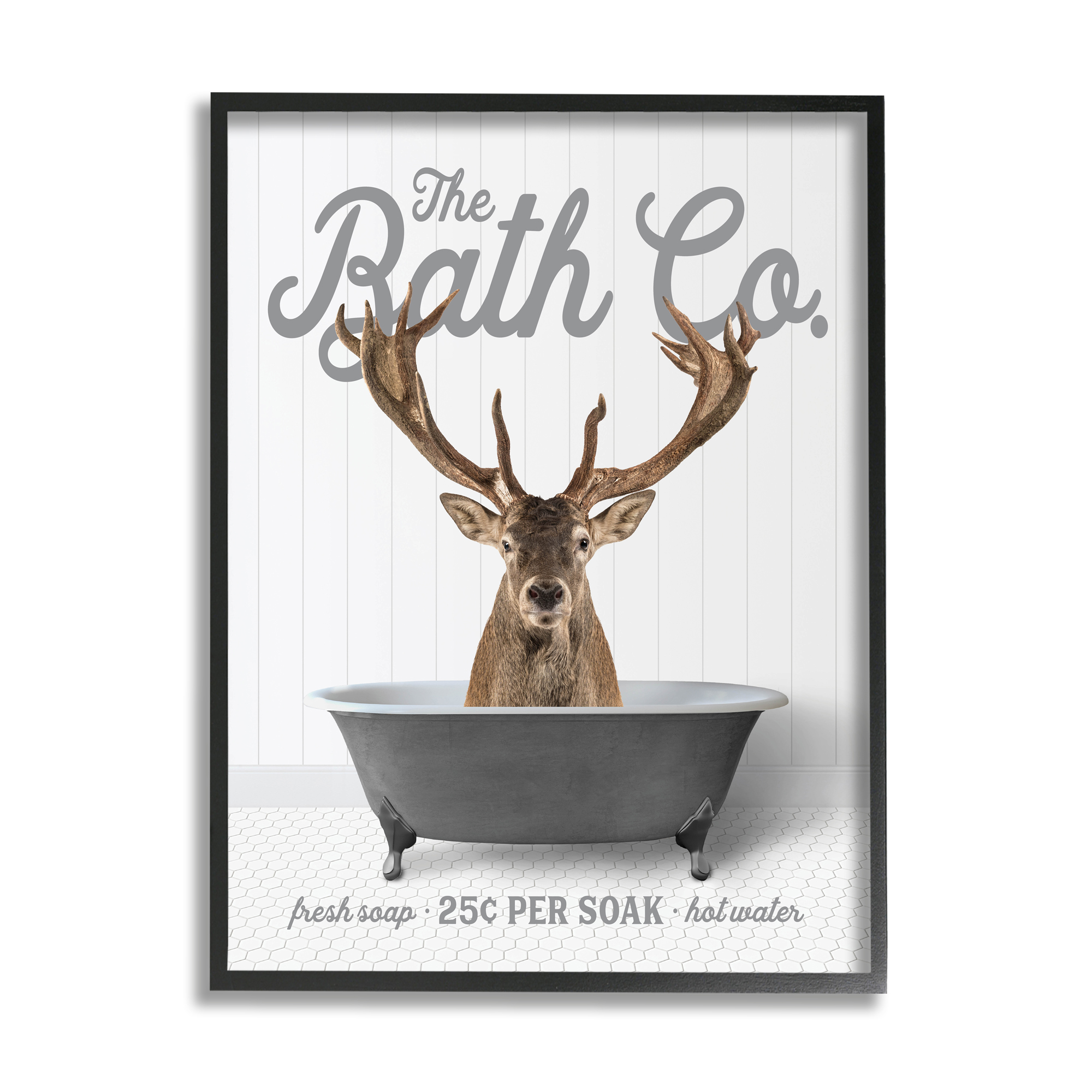 Stupell Industries Elk in Bathtub Animals & Insects Painting Black Framed Art Print Wall Art, 24 x 30
