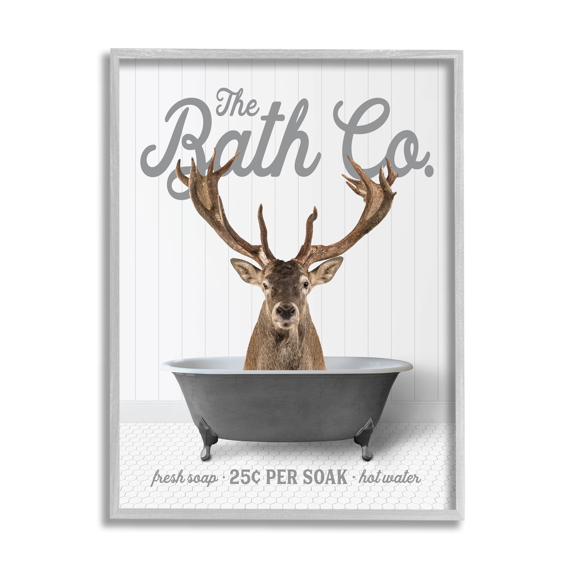Stupell Industries Elk in Bathtub Animals & Insects Painting Gray Framed Art Print Wall Art, 11 x 14