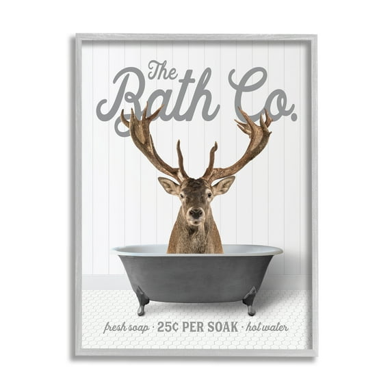 Stupell Industries Elk in Bathtub Animals & Insects Painting Gray Framed Art Print Wall Art, 11 x 14